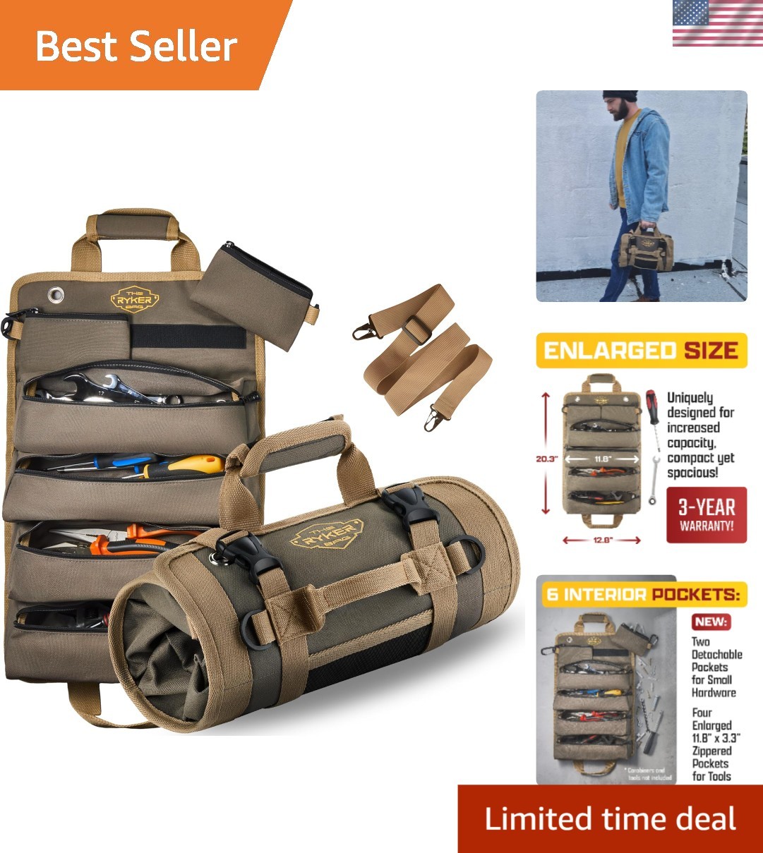 Versatile Roll-Up Tool Bag with 4 Large Compartments – Perfect for Mechanics