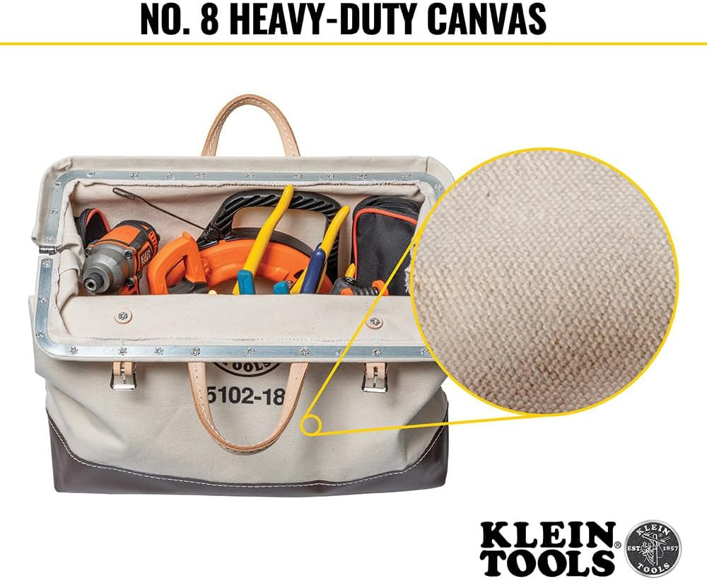 Klein Tools 5102-18 Heavy Duty Natural Canvas Tool Bag, Tool Tote, Multi-Purpose