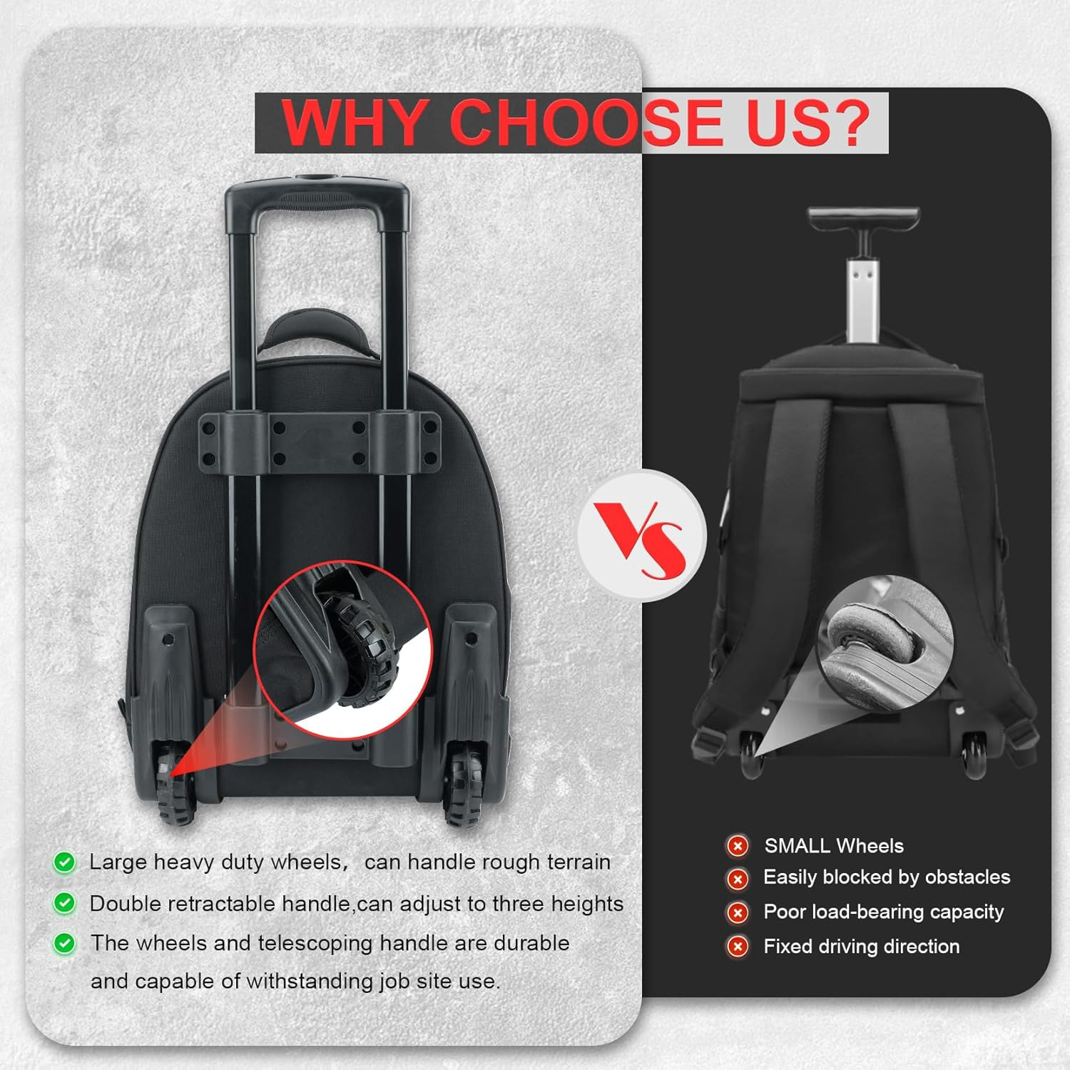 35 Pockets Rolling Tool Bag Wheeled Heavy Duty Rolling Tote Bag with Telescoping