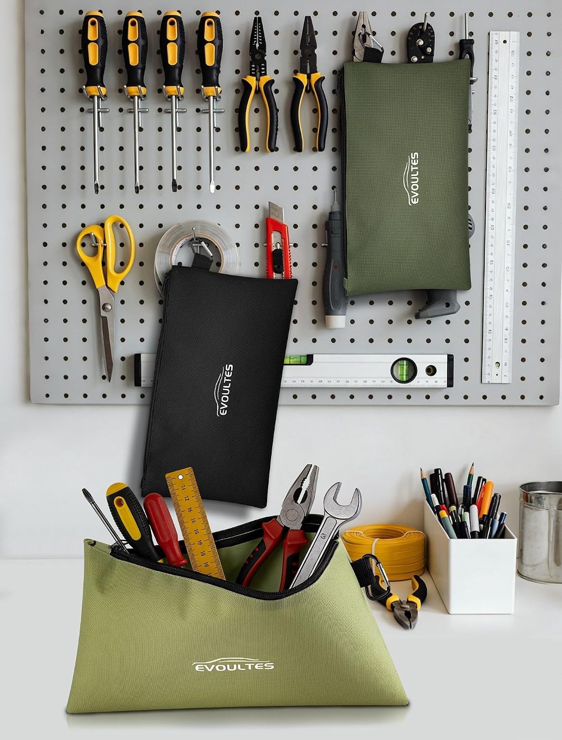 3 Pack 12 Inch Tool Pouches, Zipper Tool Bags with Carabiner | 12 Inch Tool