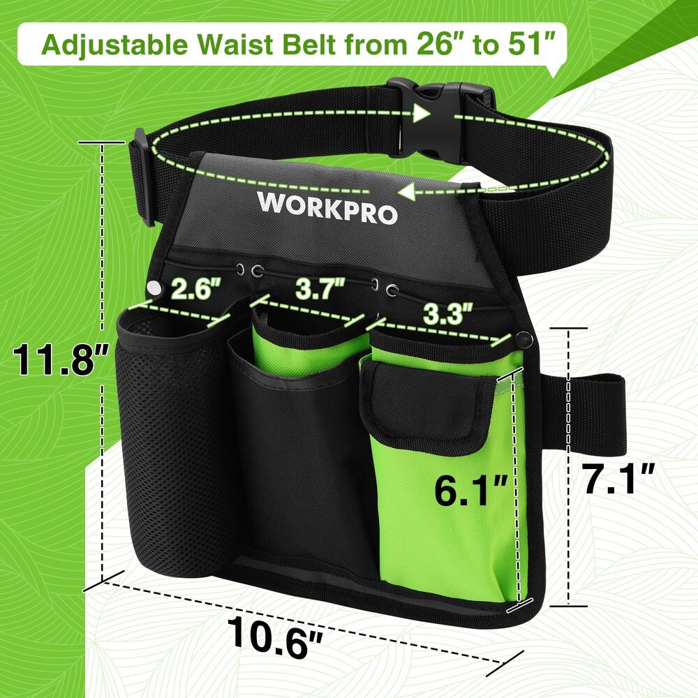 WORKPRO Garden Tool Belt 5 Pockets Single Side Garden Tool Pouch Adjustable Belt