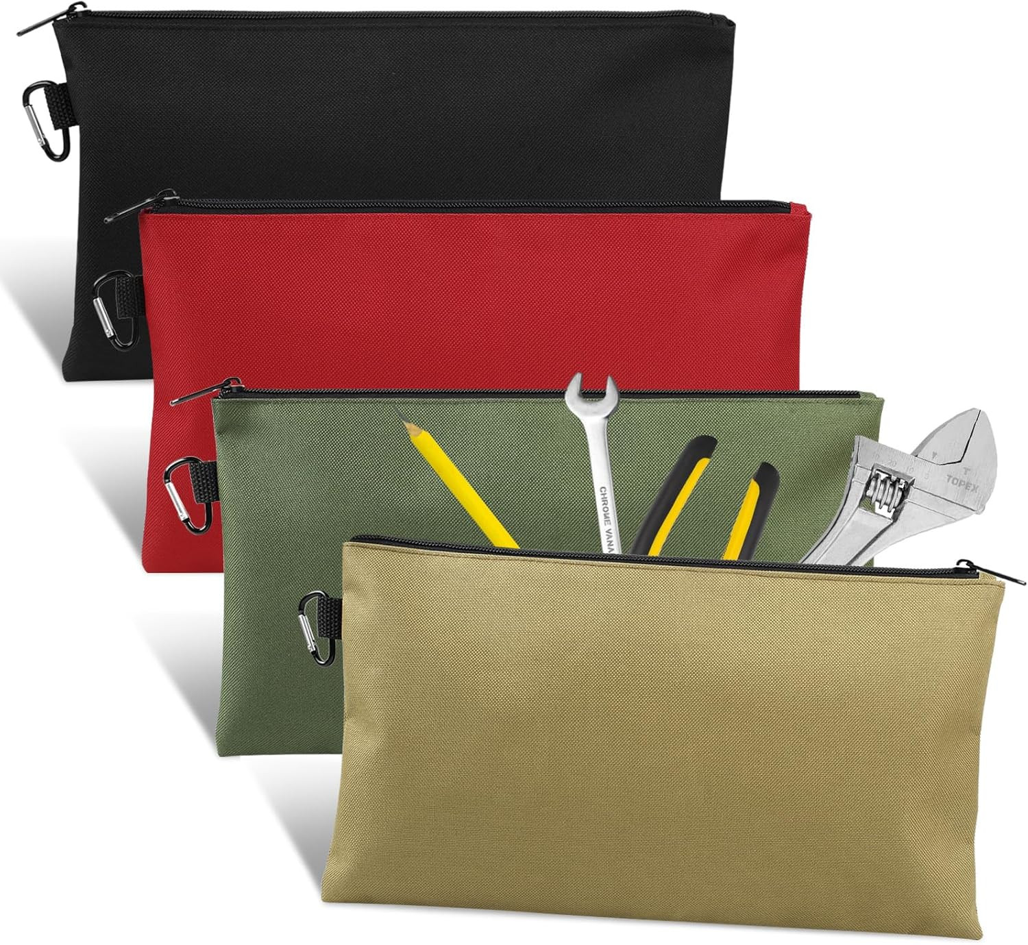 4 Pack Tool Bag 12 Inch Zipper Pouch Multipurpose Storage Bags with Carabiner