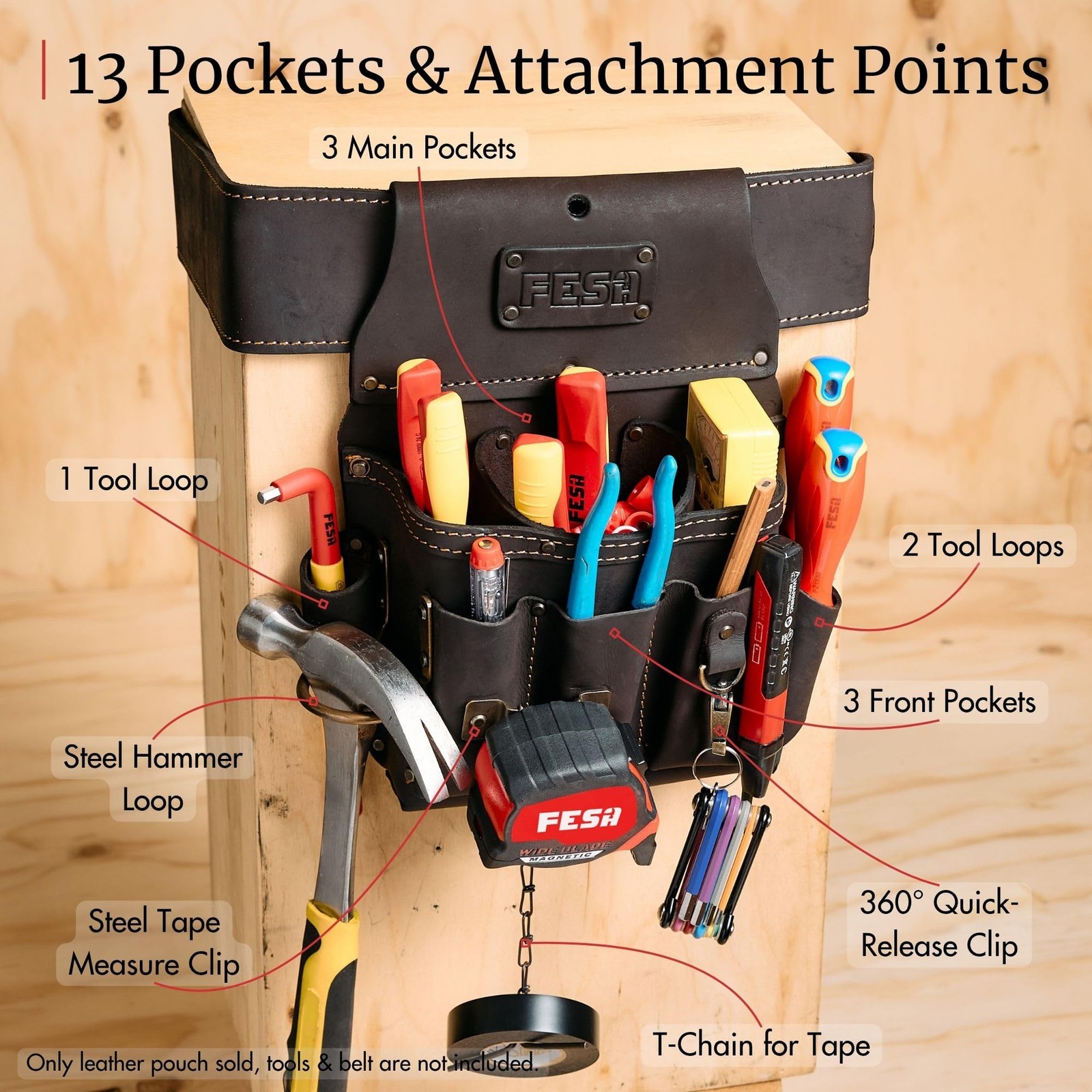 FESA Leather Electrician Tool Pouch – 13-in-1 Top Grain Leather Electrician P…