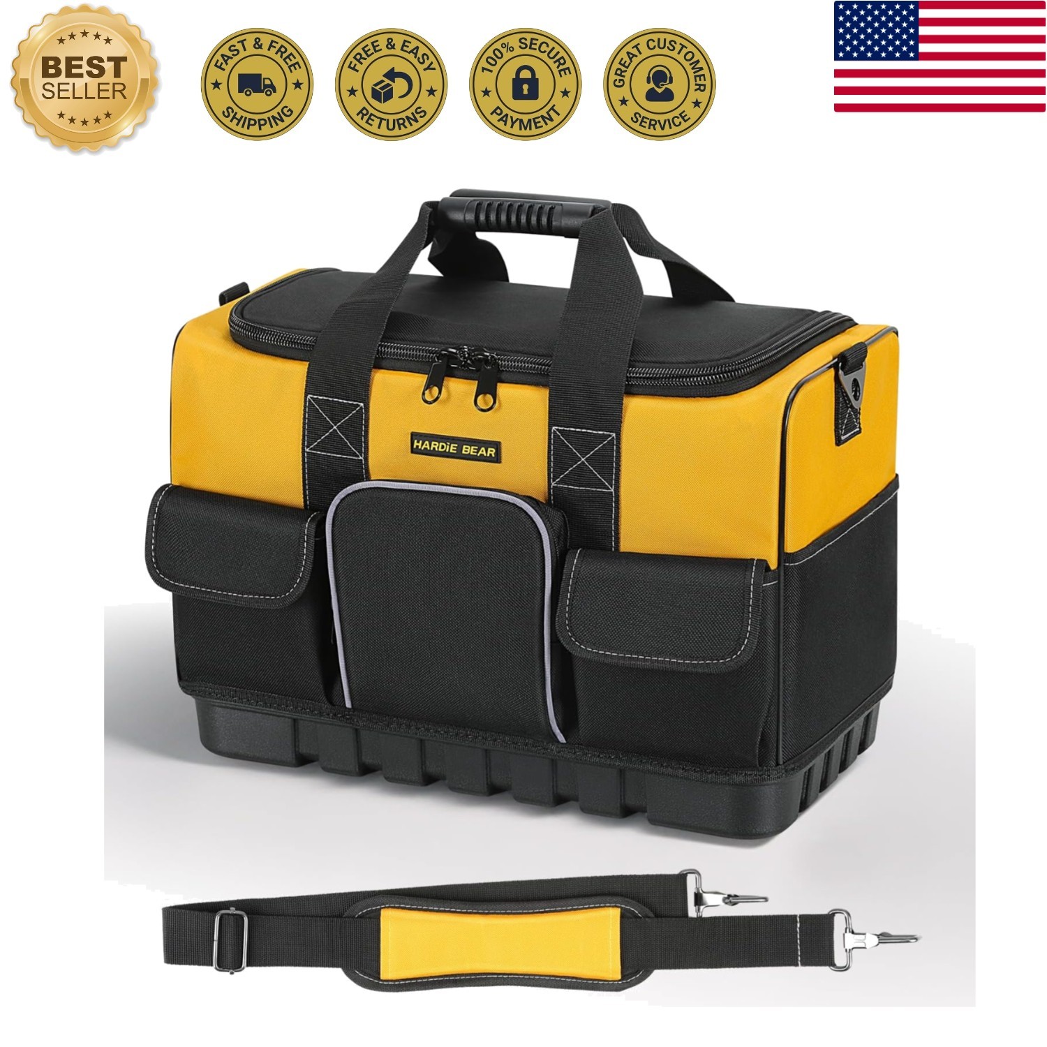 Tool Bag, 18 Inch, Yellow and Black, Wide Mouth Opening, Multiple Pockets, Sh…