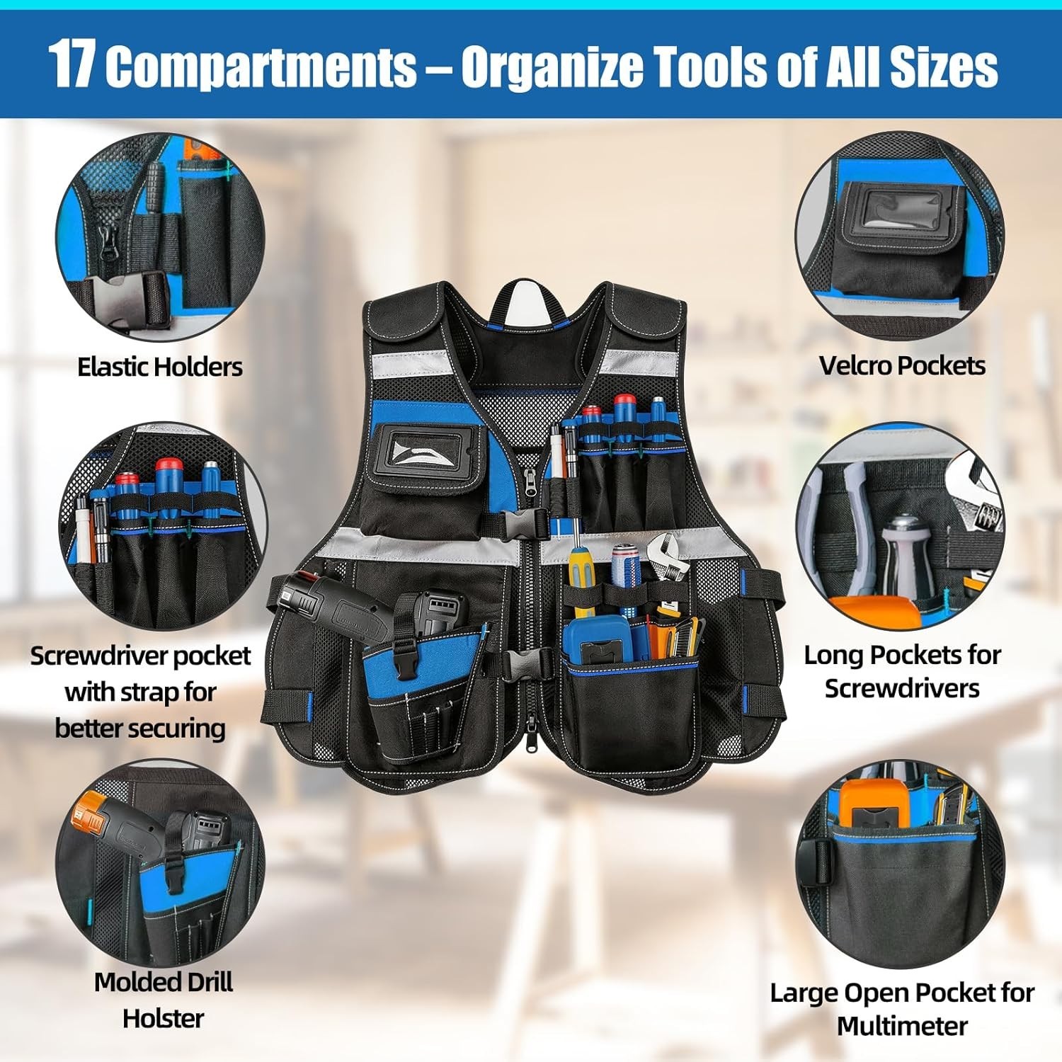 Heavy-Duty Electrician Tool Vest with Molded Holster & 16 Storage Spaces – Blue