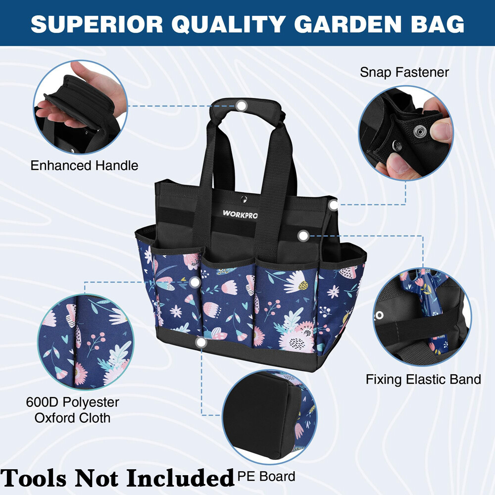WORKPRO Garden Tool Bag, 9 Pockets Garden Tote Bag, Heavy Duty Oxford Blue
