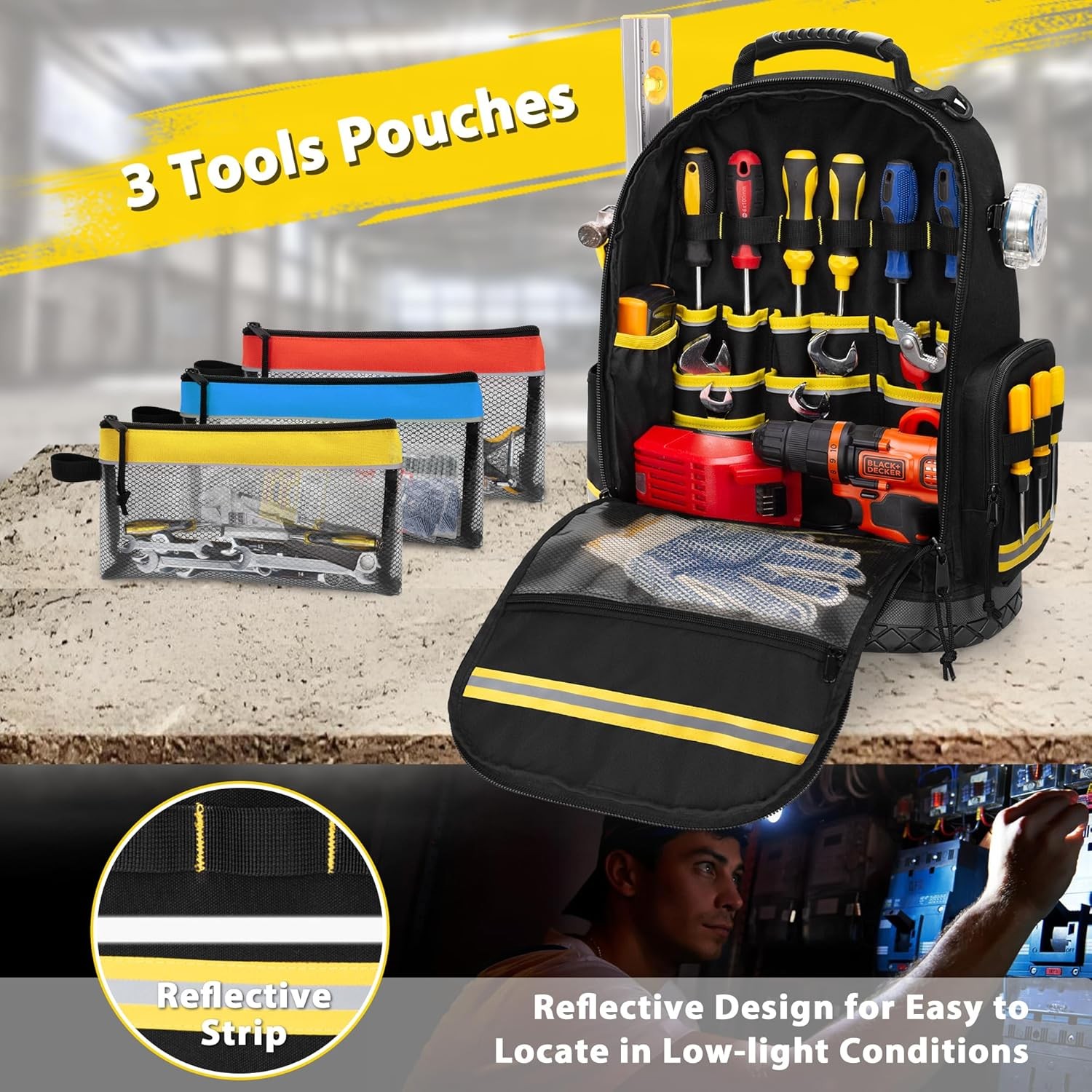 Tool Backpack with Hard Bottom and 3 Pouches, Heavy Duty Tool Organizer