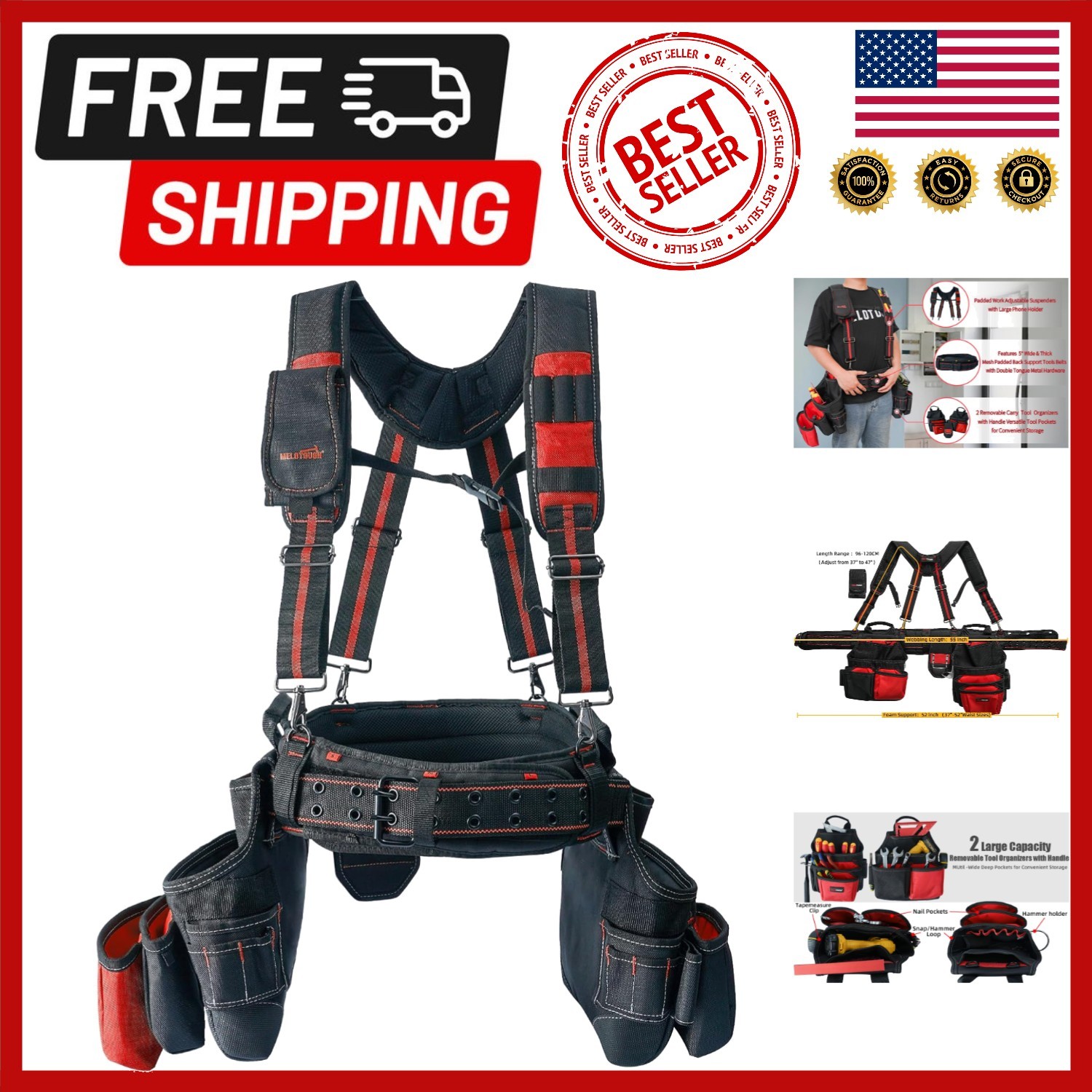 Pro Heavy-Duty Carpenter Tool Belt with Magnetic Pouch – Adjustable Fit 32-52in