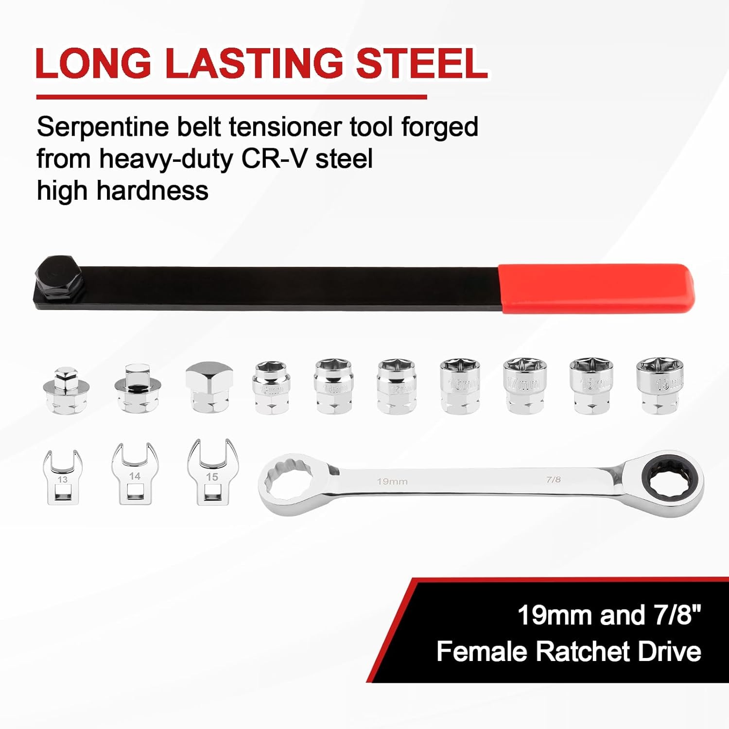 Heavy Duty 15PCS Serpentine Belt Tool Kit–Heavy Duty Ratcheting Tensioner Wrench