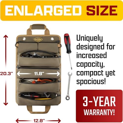 The Ryker Roll Up Tool Bag Organizer Gifts for Dad. Heavy Duty Motorcycle Khaki