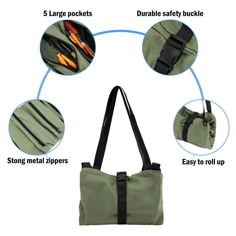 Multi-Purpose Tool Roll Up Bag 5 Pocket Wrench Pouch Canvas Hanging Organizer US