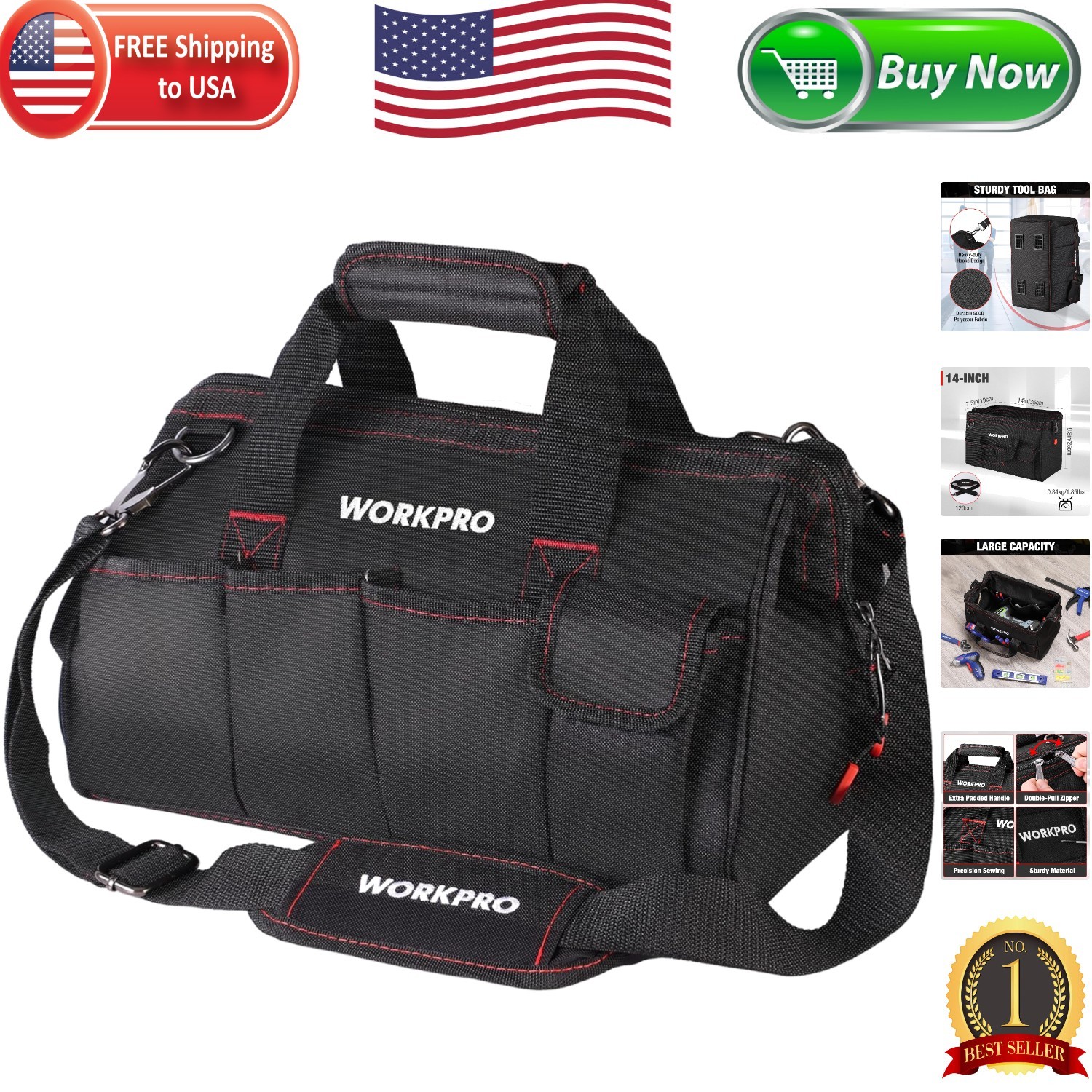 14-Inch Tool Organizer with 15 Pockets & Adjustable Shoulder Strap