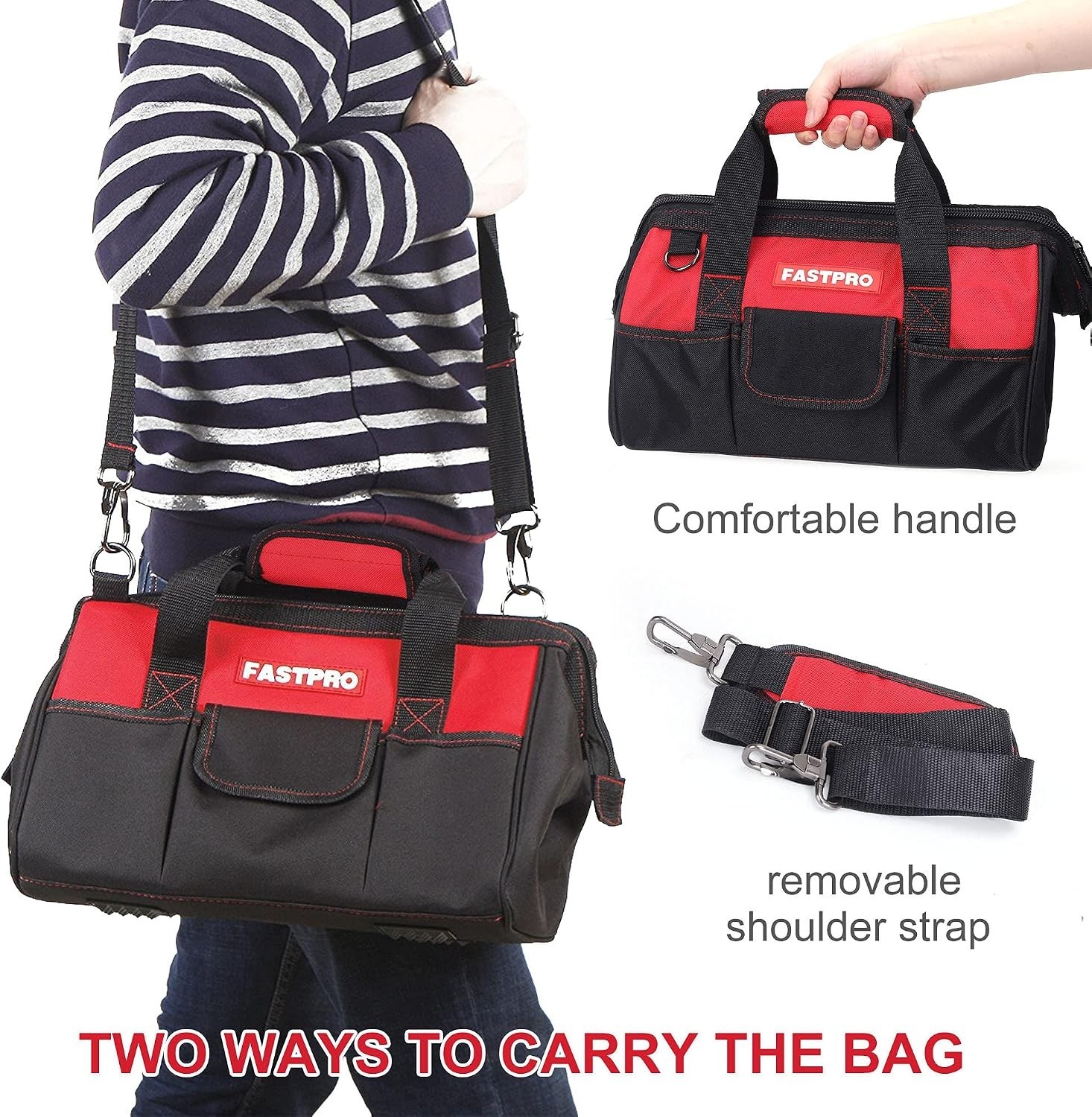 14-Inch Zip-top Wide Mouth Open Storage Tool Bag, Classic Black&Red Design, F…