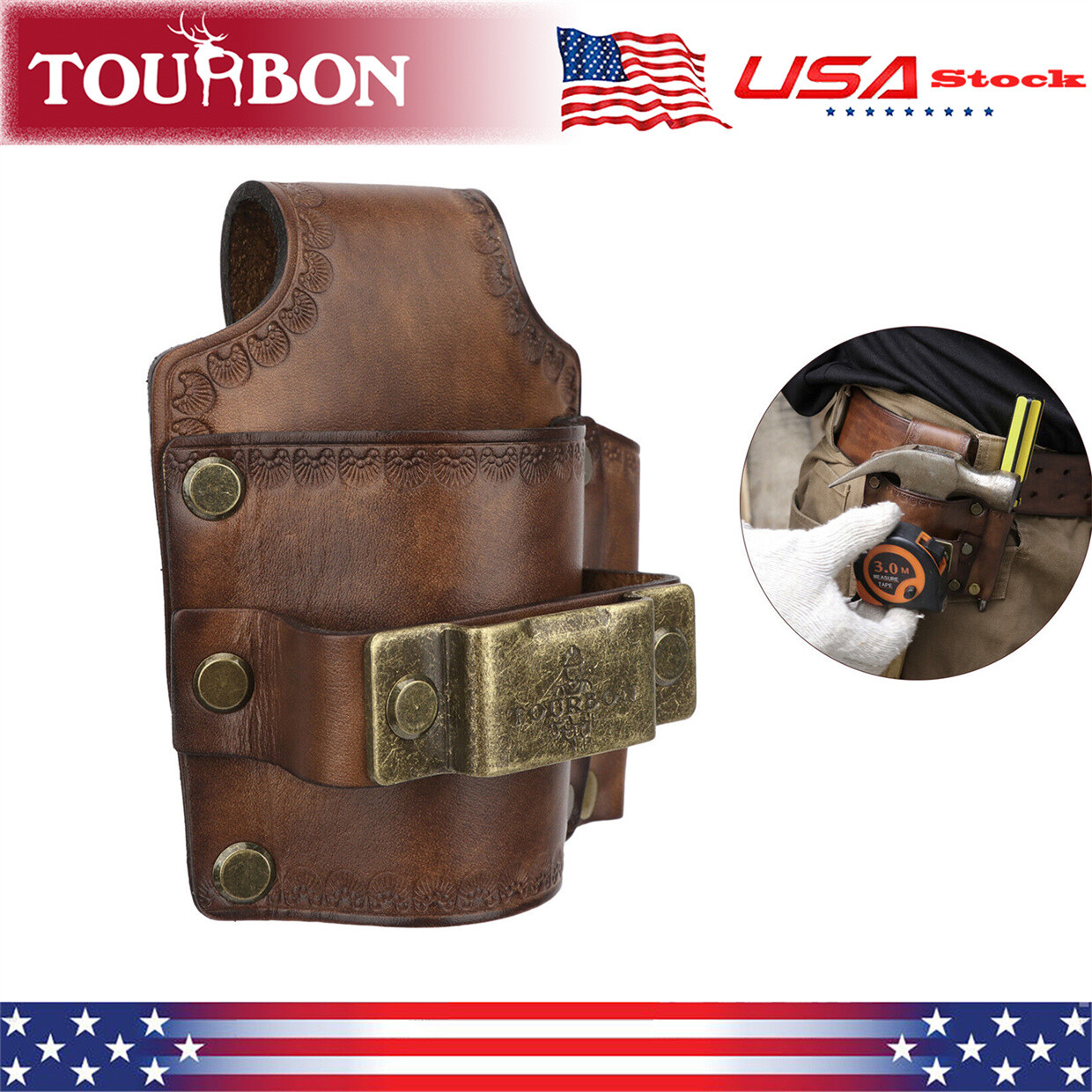 Tourbon Leather 3-in-1 Tools Belt Pouch Hammer Tape Measure Screwdriver Holder