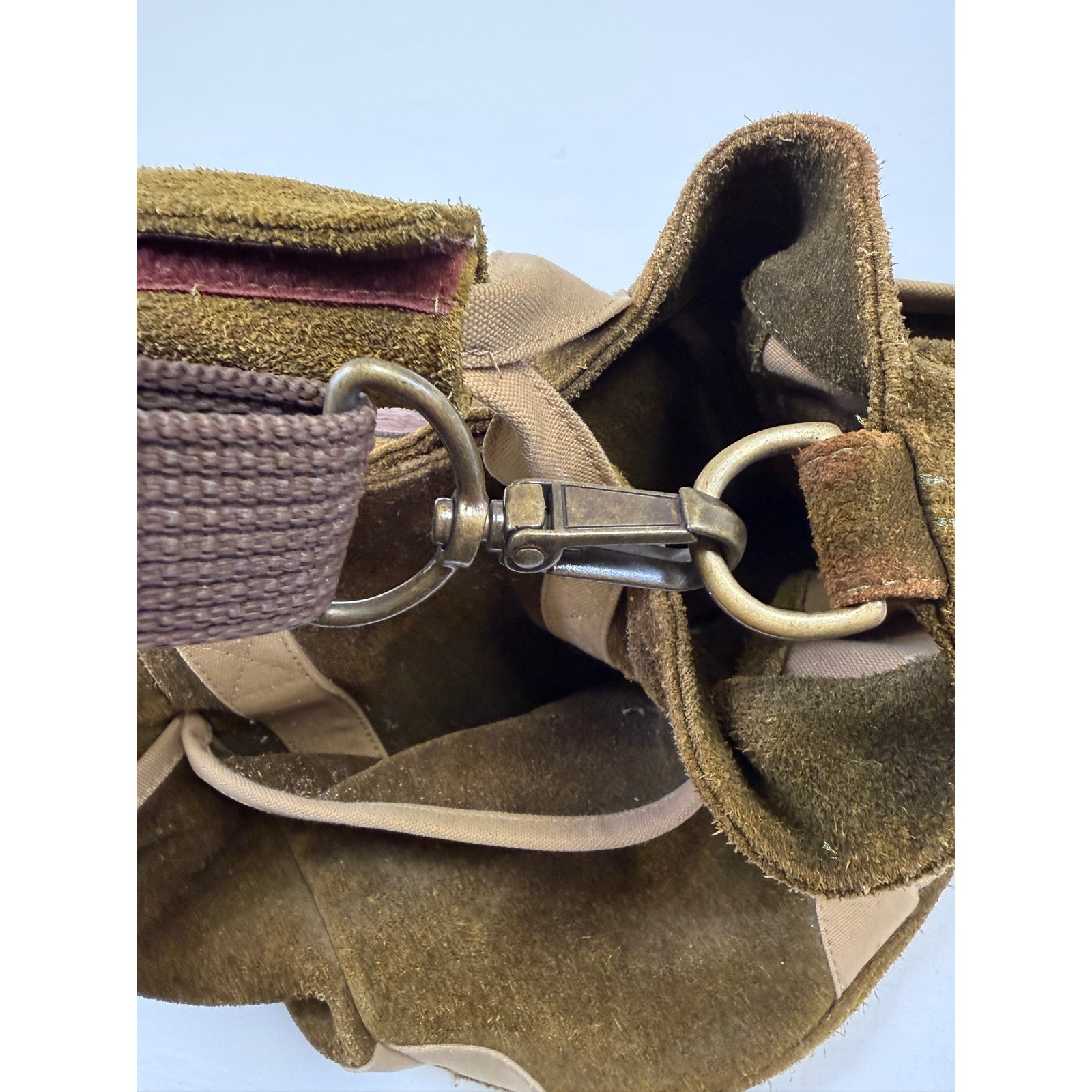 Round Suede Tool Bag Tote Canvas Trim Padded Handle Shoulder Strap Brown