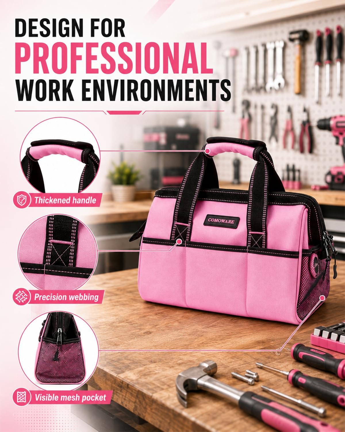 13-Inch Tool Bag for Women, Pink Soft Storage Bag with Inside Pockets