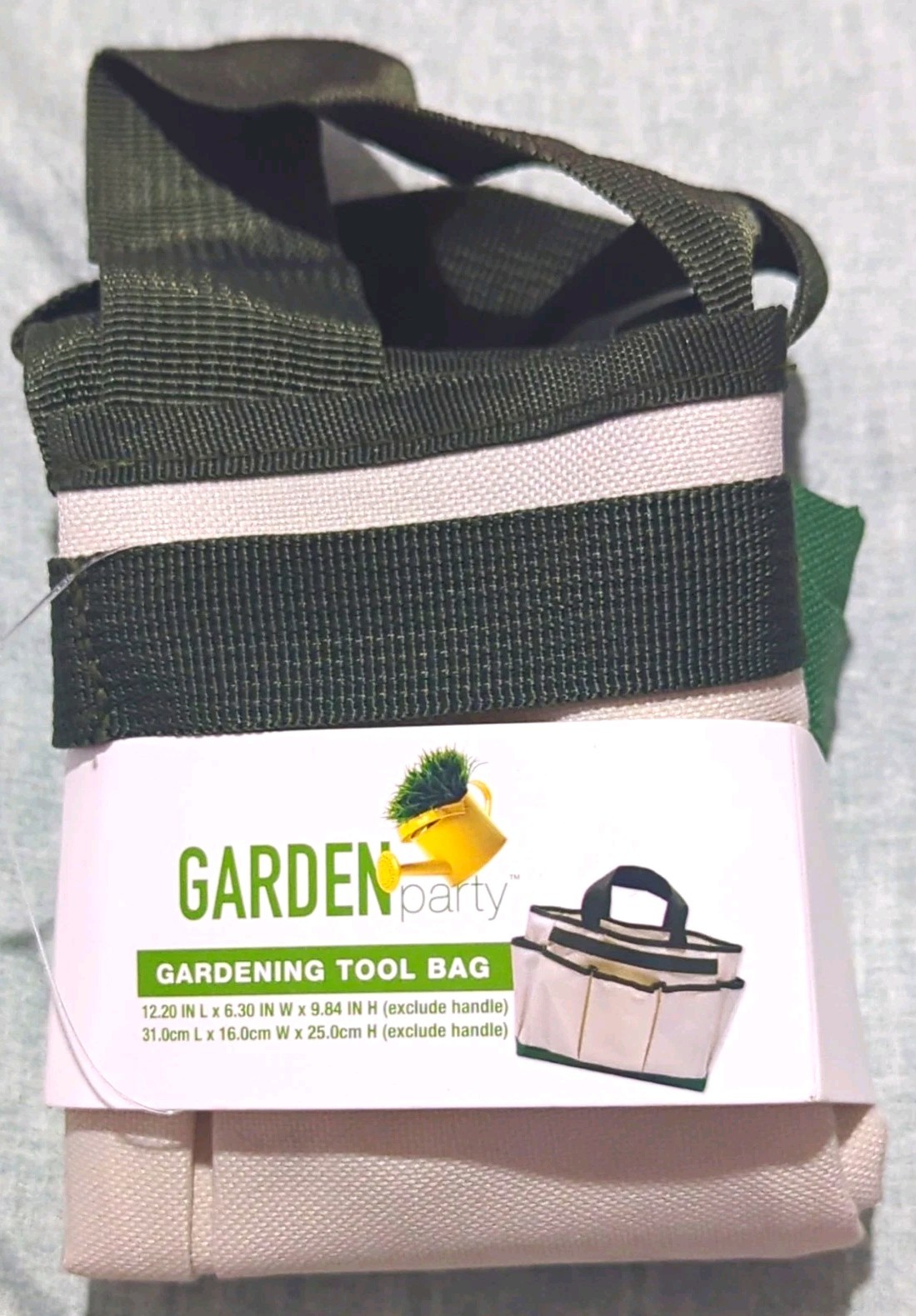 Garden Party Large Gardening Tool Bag Tote Fabric w/ Handle Green/White 12.2″