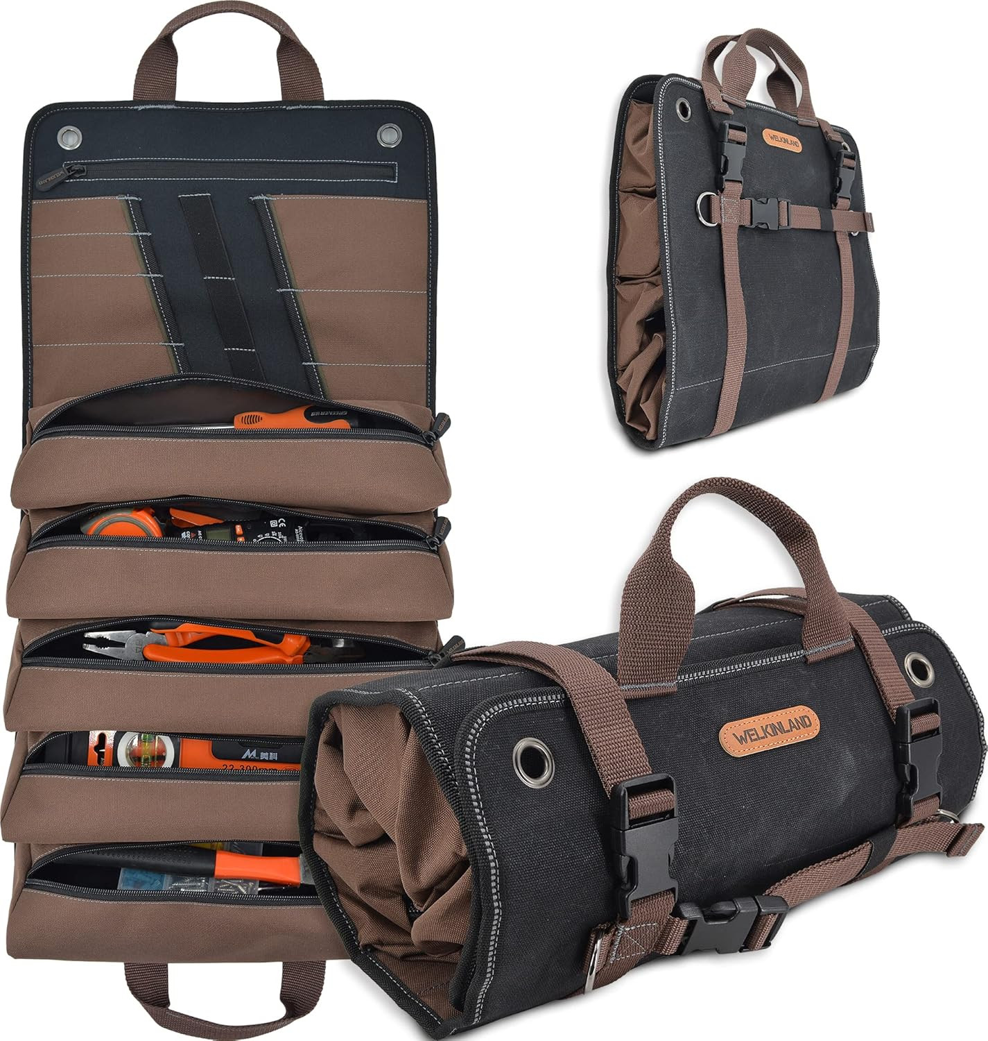 Heavy-Duty Waxed Canvas Tool Roll, 15-Pockets Tool Wrap Roll, 15L Tool up Roll B