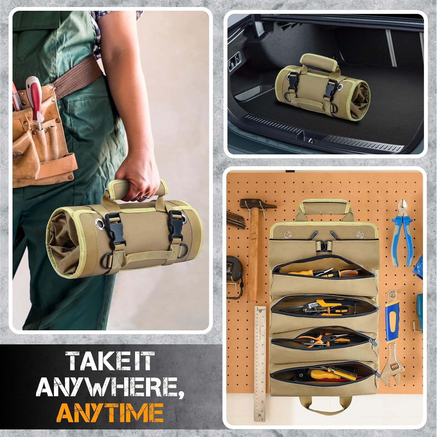 Heavy Duty Roll Up Tool Bag – 6 Pouch Waterproof Tool Organizer Compact Portable