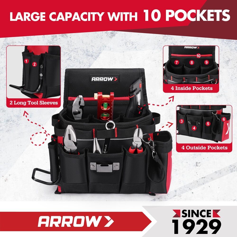 ARROW Tool Belt Heavy-Duty Electrician Tool Pouch with 10 Pockets Utility Belt