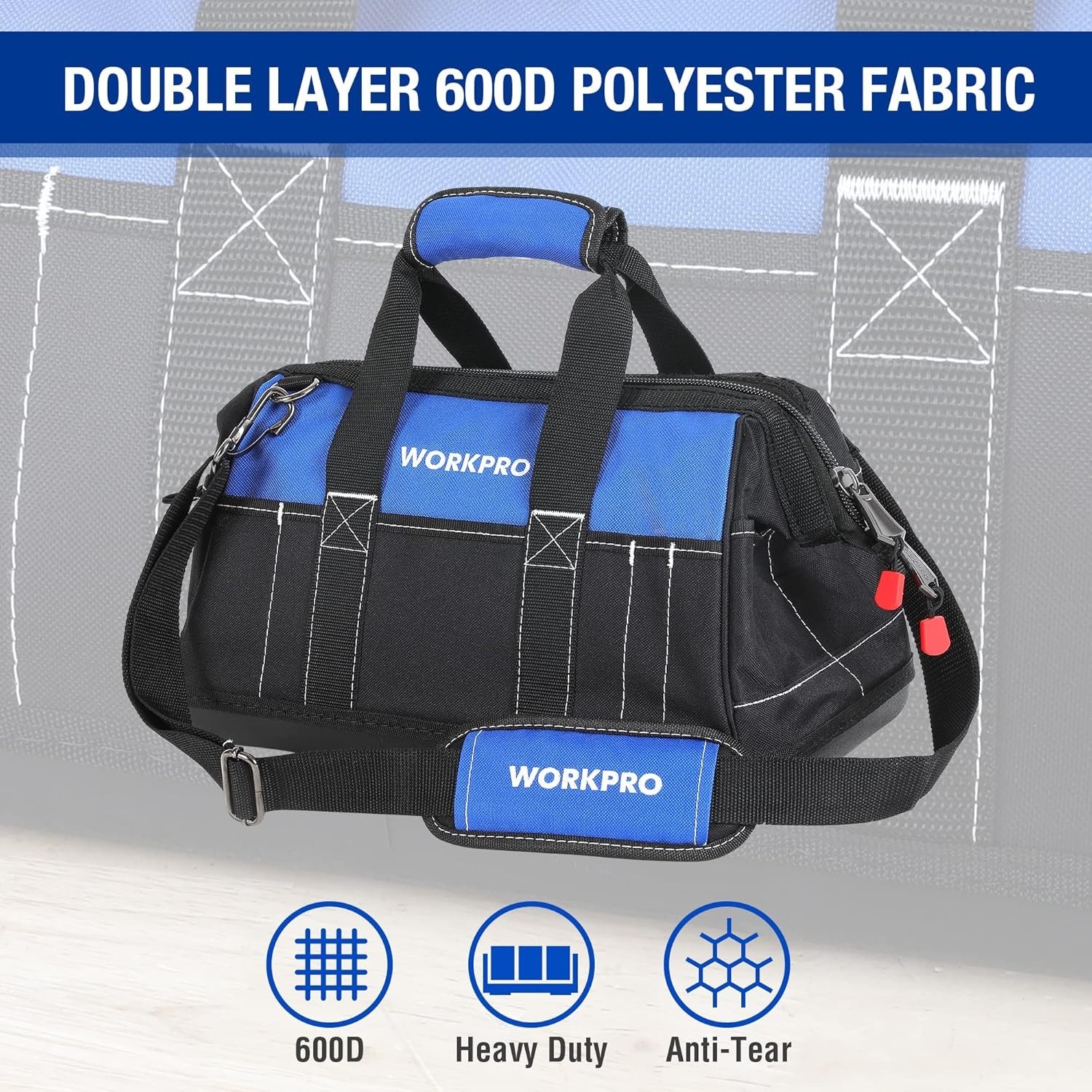 16-inch Wide Mouth Waterproof Tool Bag with Molded Base for Organizing Tools