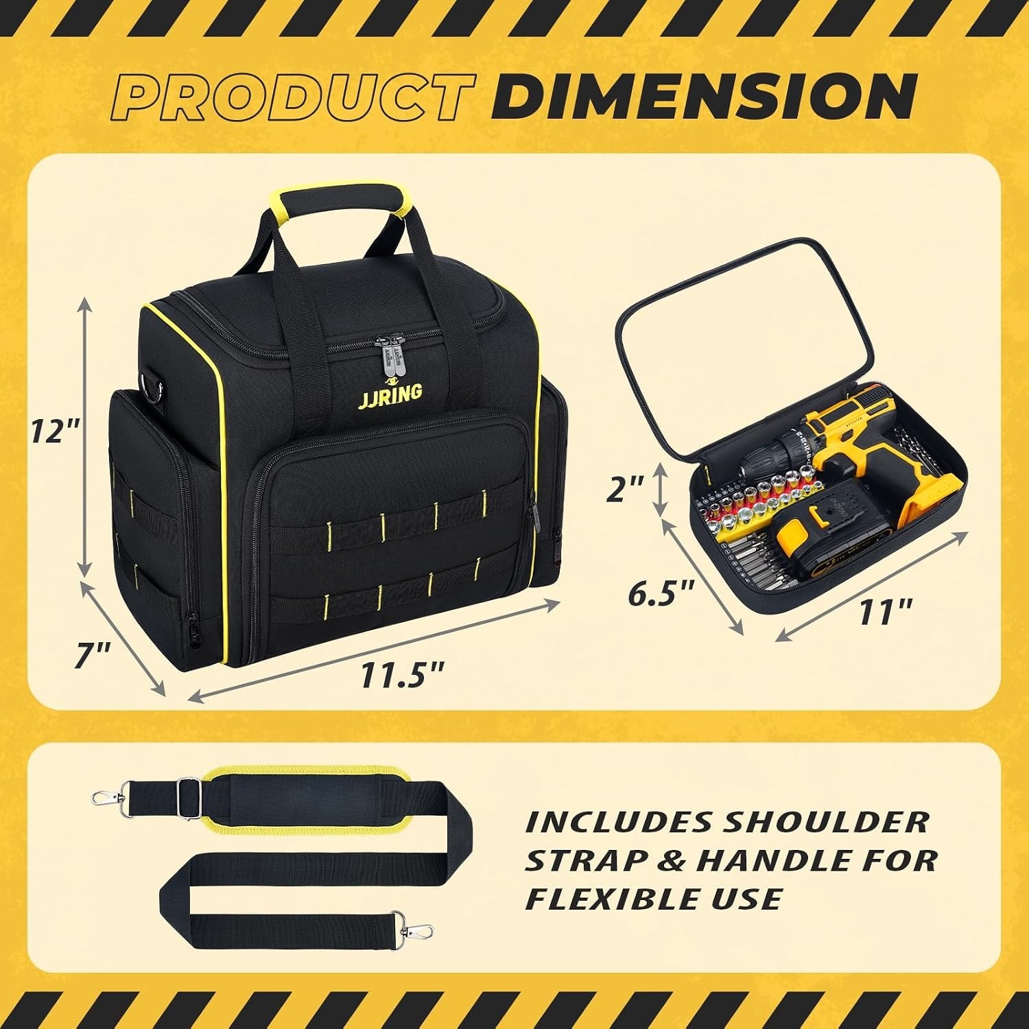 Durable 2.0 Gen Tool Bag with 3 Removable Cases – Yellow, Water-Resistant