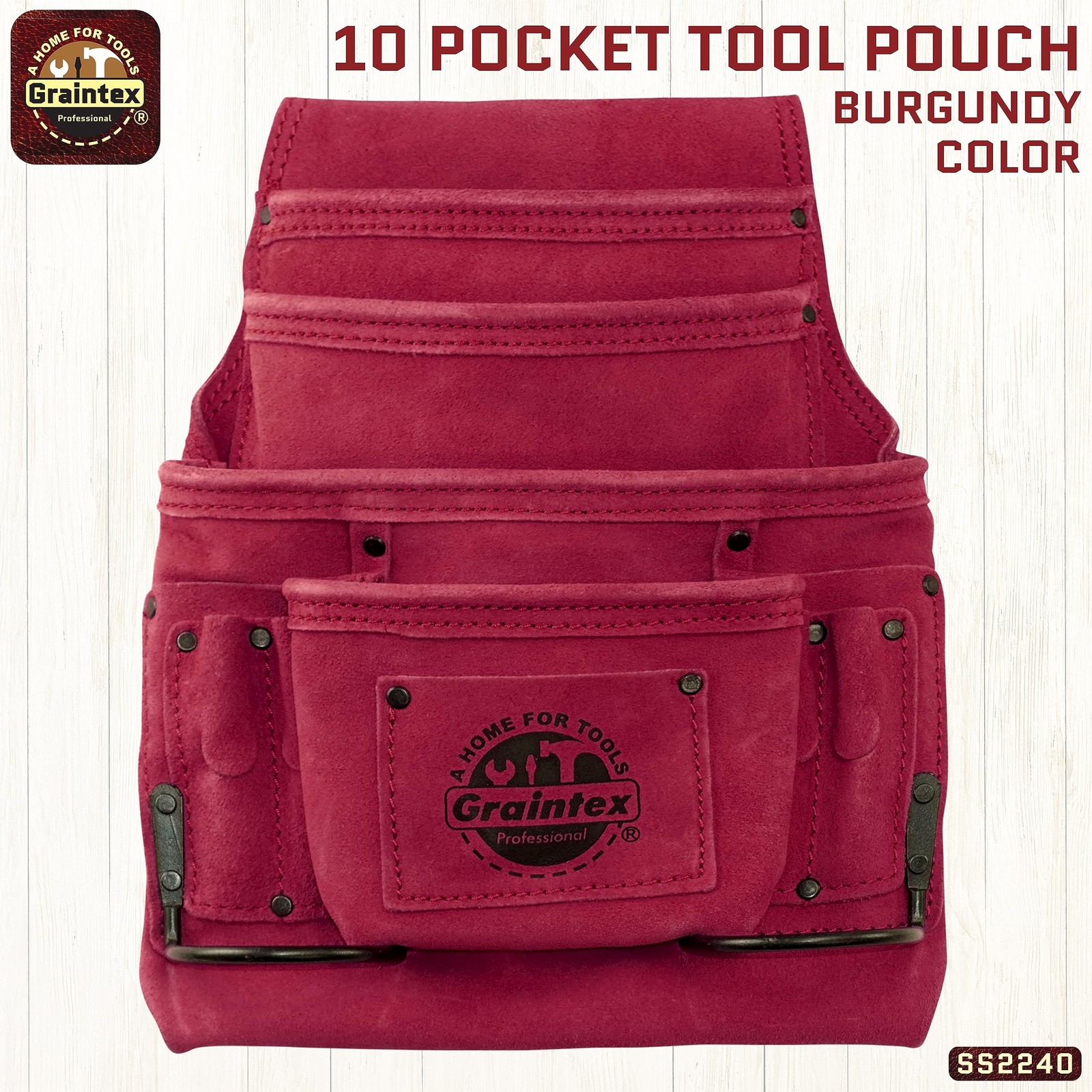 Graintex 10 Pocket Pouch Burgundy Color Suede Leather Bag Belt For Constructors