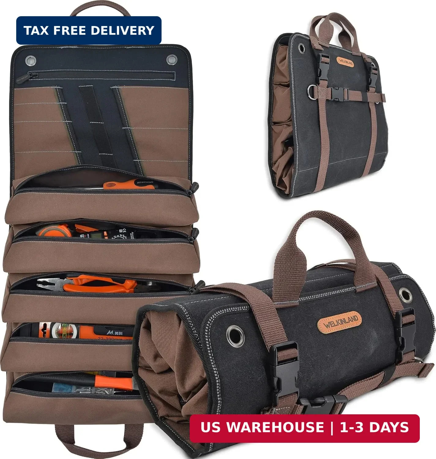 WELKINLAND Heavy-Duty Waxed Canvas Tool roll, 15-Pockets Tool Wrap Roll, 15L Too