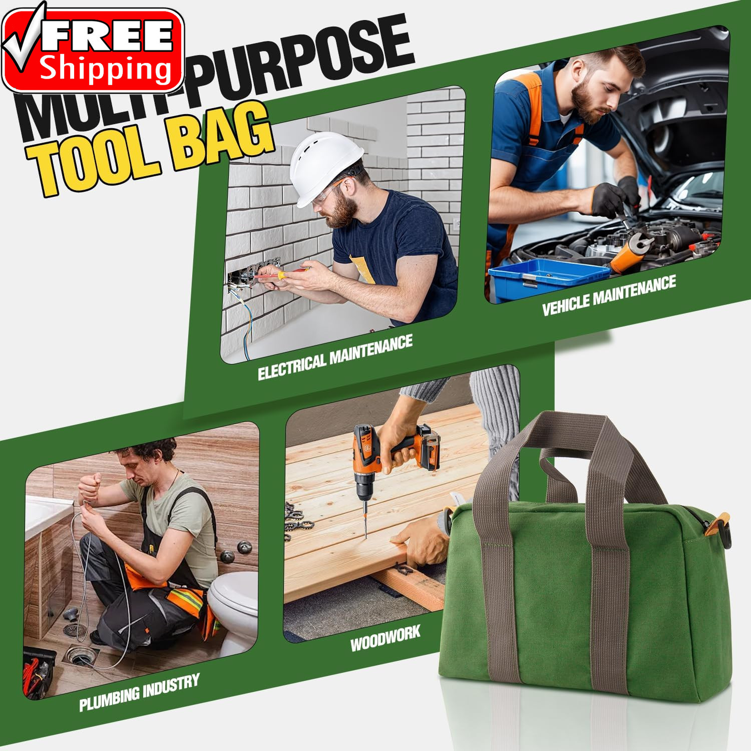 12 Inch Small Tool Bag, Canvas Tool Storage Bag, Large Capacity Multipurpose Zip
