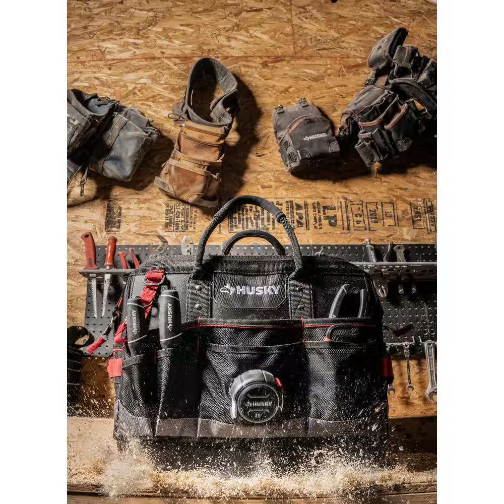 Husky Tool Bag 16in Heavy Duty Pro Tote Organizer 28 Pocket Waterproof Base