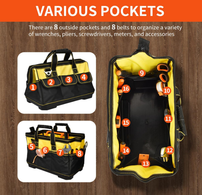 Bolsa Herramientas 16” Resistente 16 Bolsillos Correa Ajustable Base Impermeable