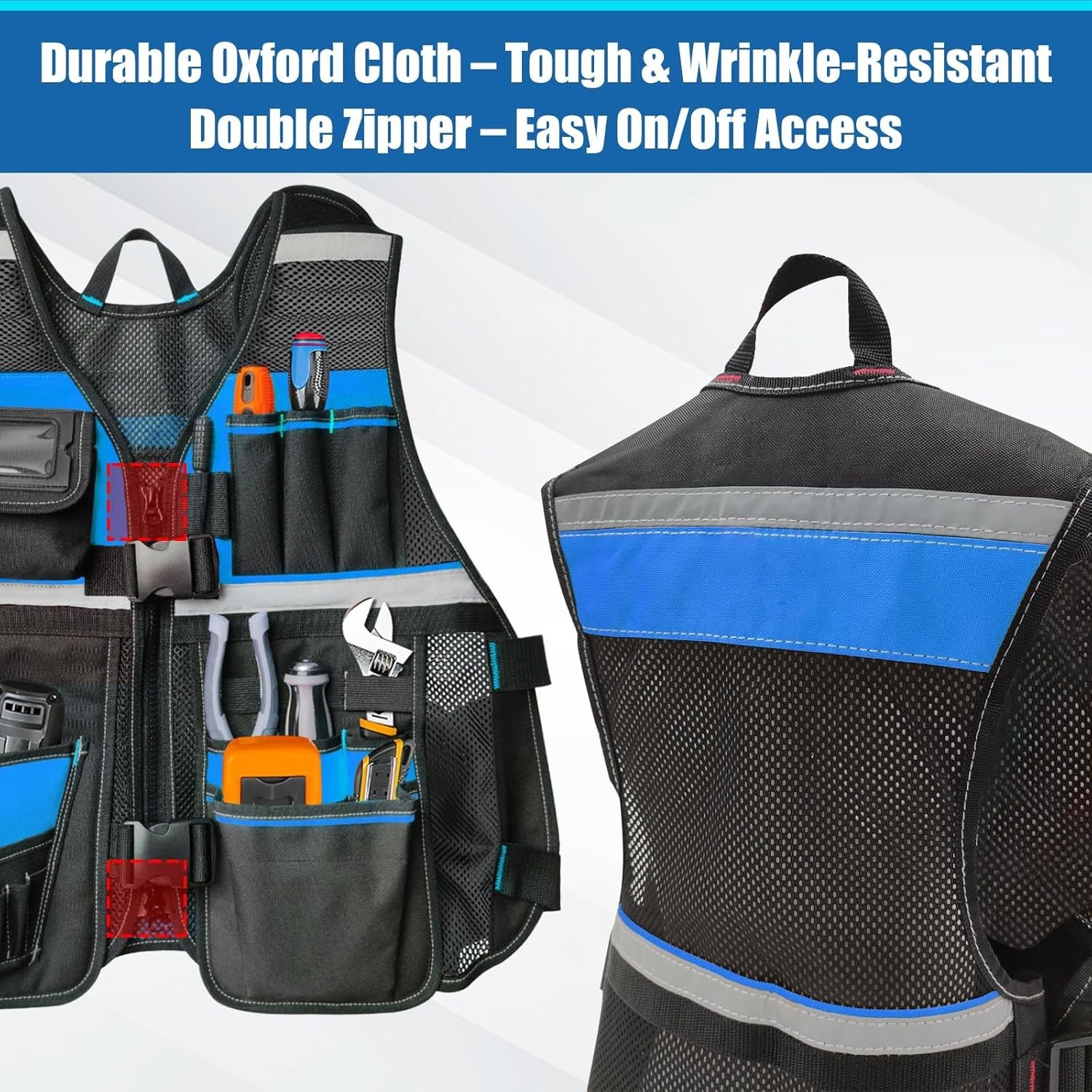 Electrician Tool Vest for Men, Hi Vis Tool Vest with 17 Compartments, Blue