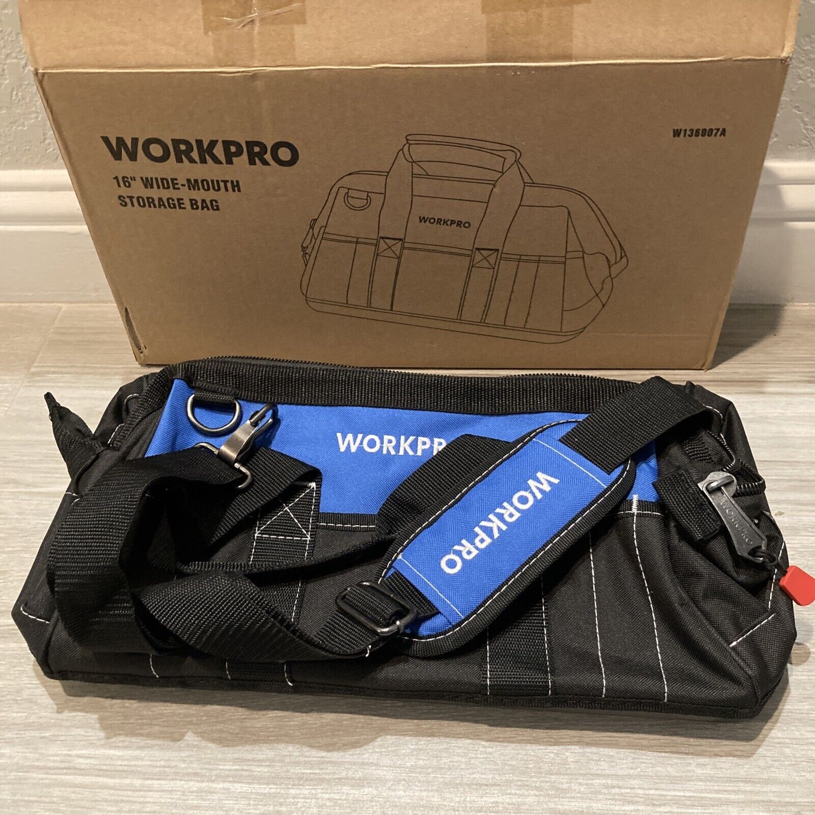 Workpro FBA_W136007A 16-inch Tool Bag Black Blue Storage Wide Opening