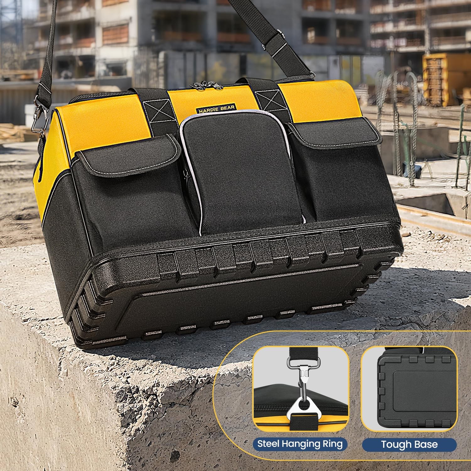 Tool Bag, 18 Inch, Yellow and Black, Wide Mouth Opening, Multiple Pockets, Sh…