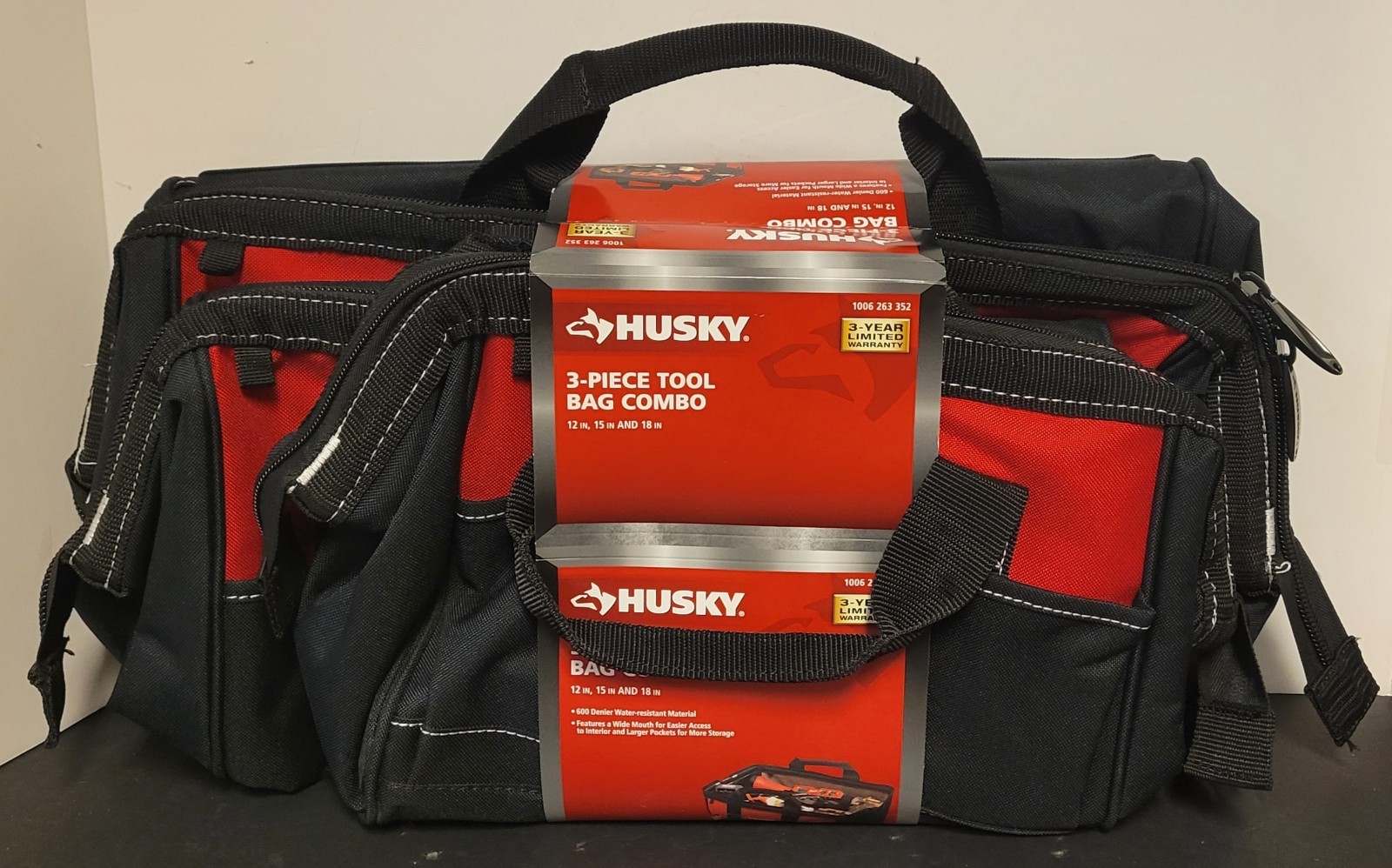 Husky 3-Piece 18″ 15″ 12″ Tool Carry Bag Combo with Water Resistant Fabric
