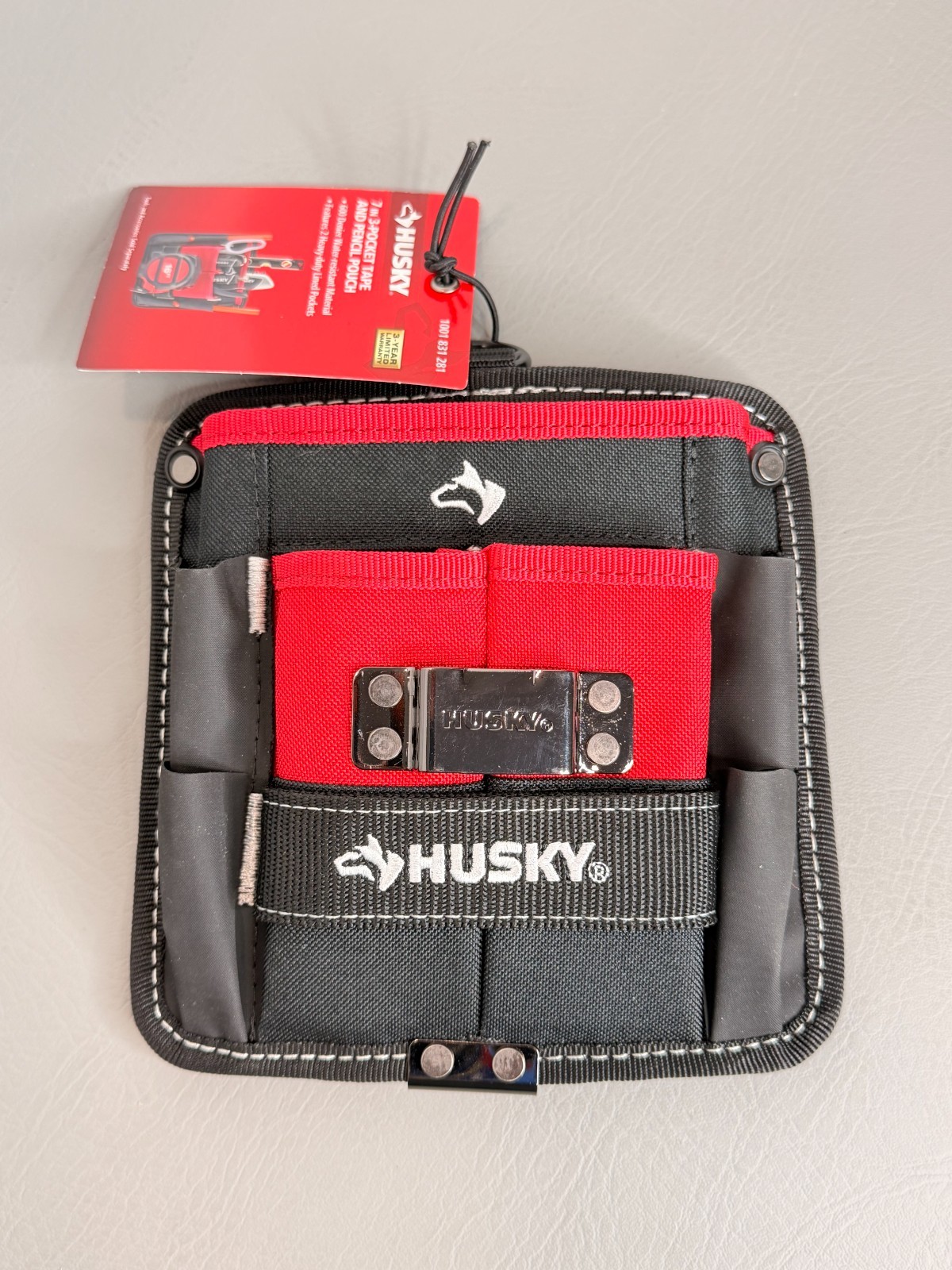 Husky 7 in. 3-Pocket Clip On Tool Belt Pouch Heavy Duty Storage