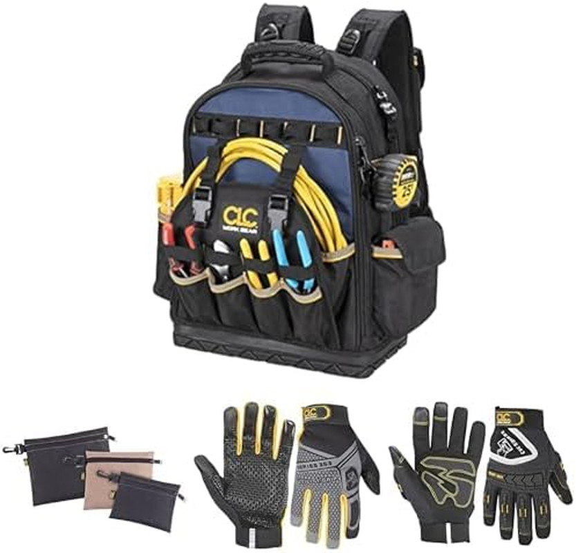 CLC Tool Backpack with Utility Bags & Grip Work Gloves Bundle