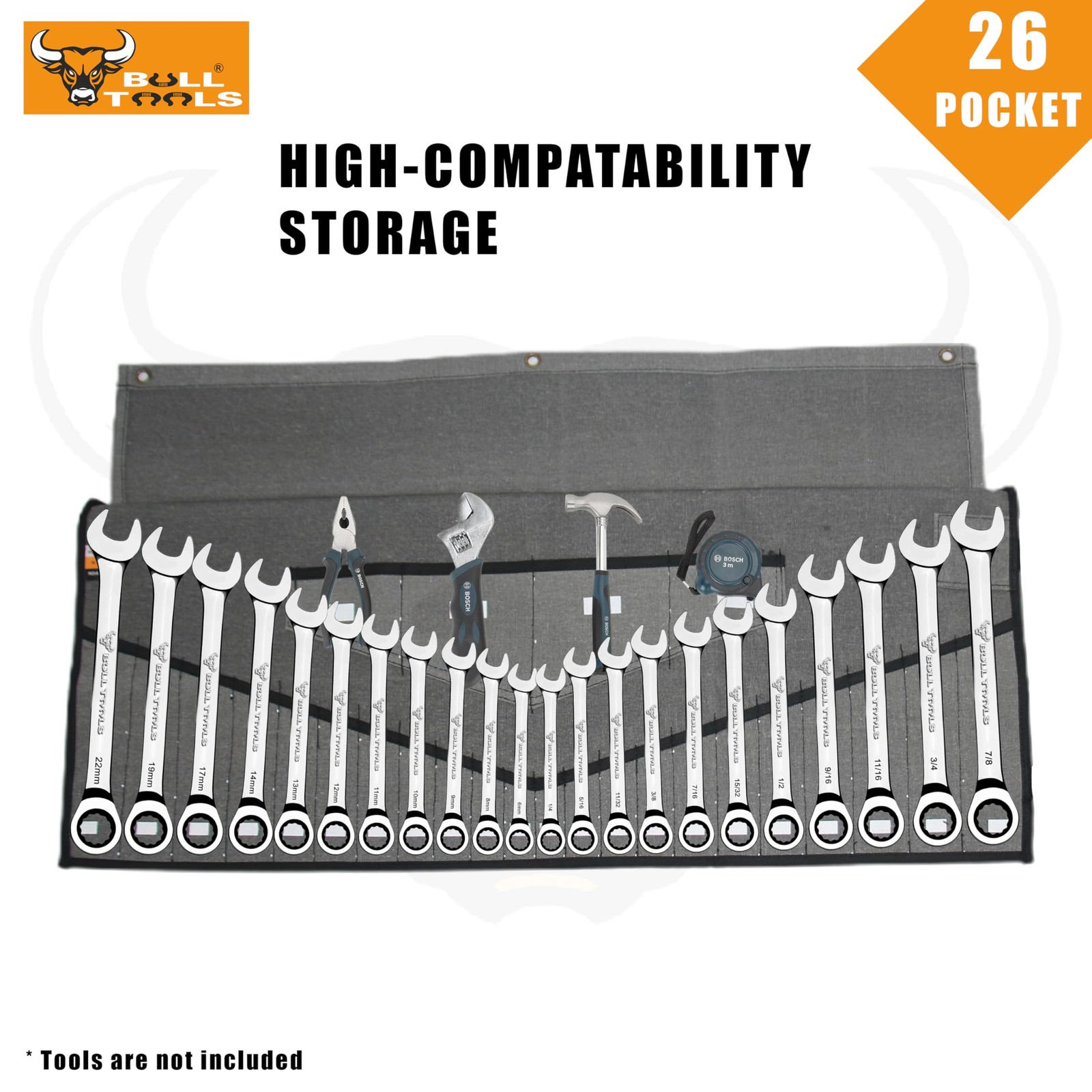 Wrench Roll, 26 Pocket Tool Pouch, Tool Bag Wrench Organizer Metric & SAE Com…