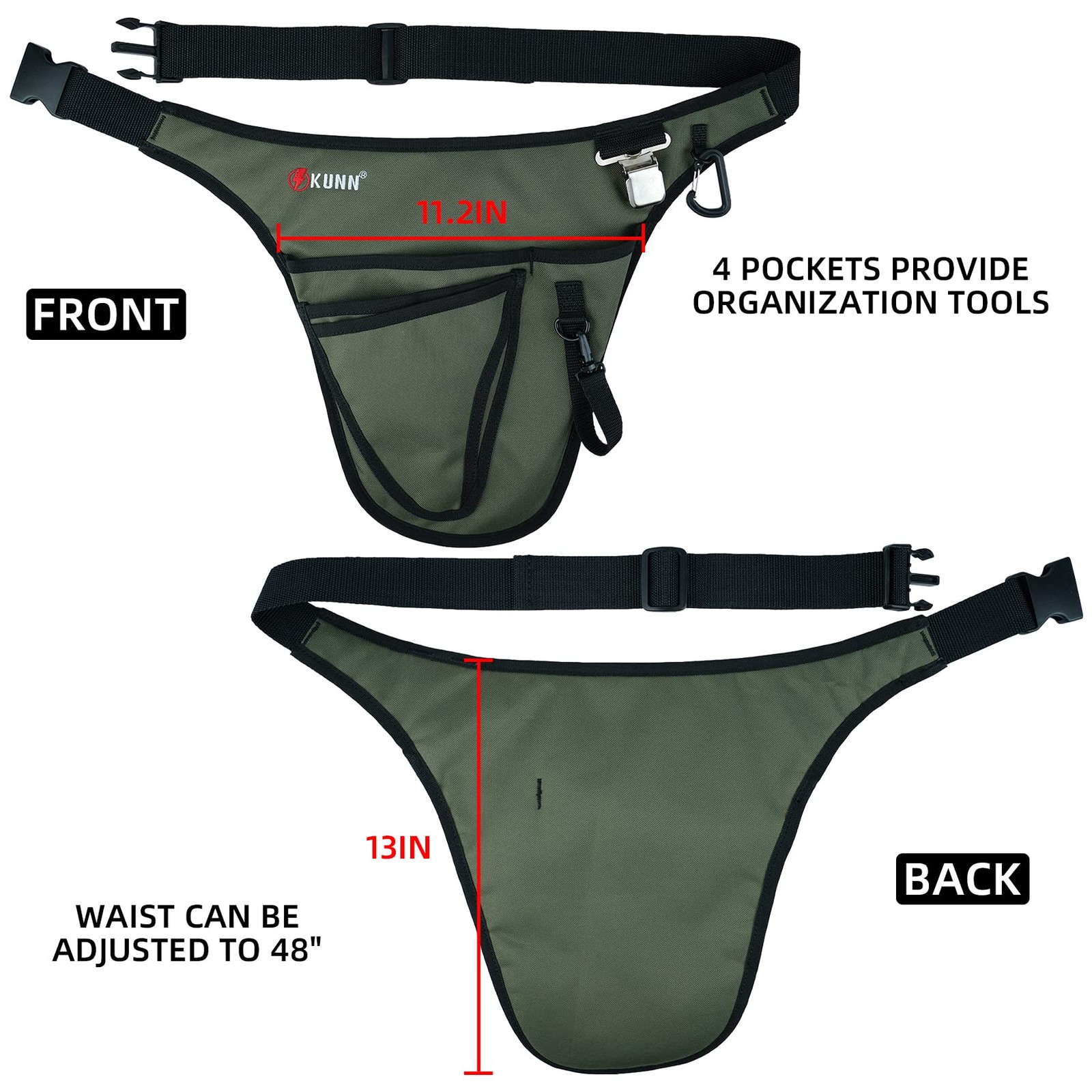 KUNN Garden Tool Belt,Durable Adjustable Belt Waist One Size, Green