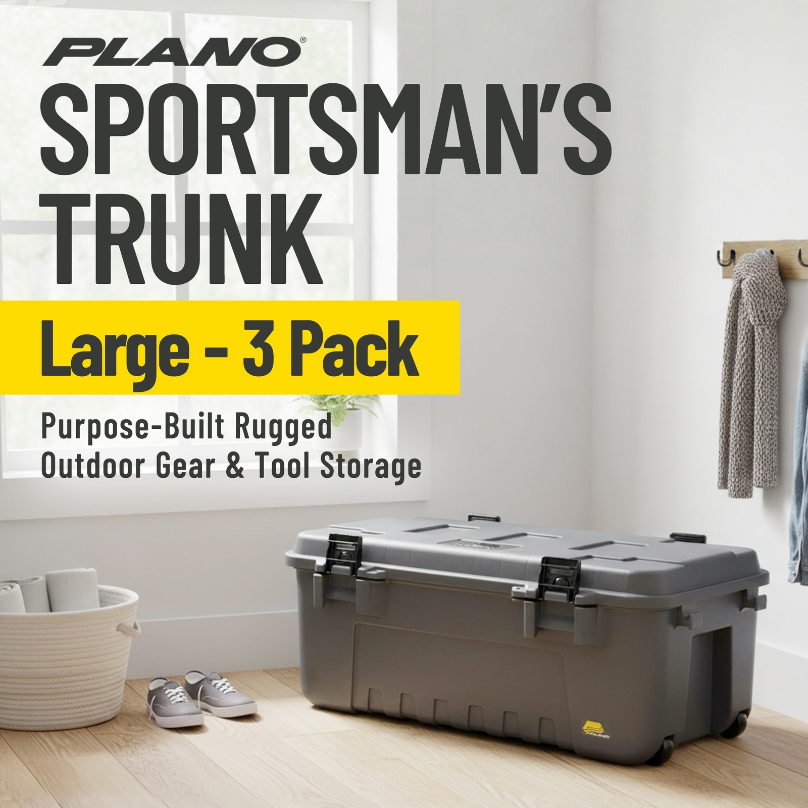 Plano 3 Pack Storage Trunk with Wheels, Lockable Sportsman Box, 108 Quart, Gray