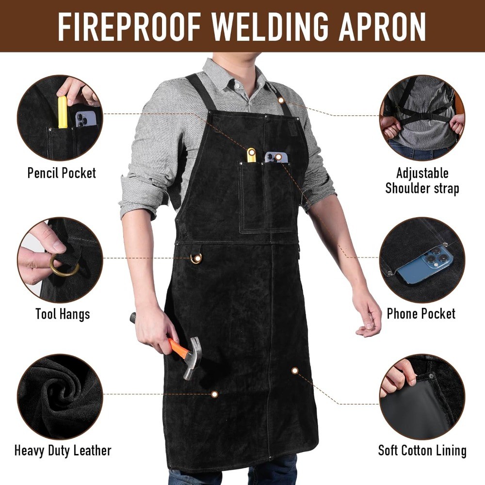 Heat Flame Resistant Leather Welding BBQ Work Bib Apron