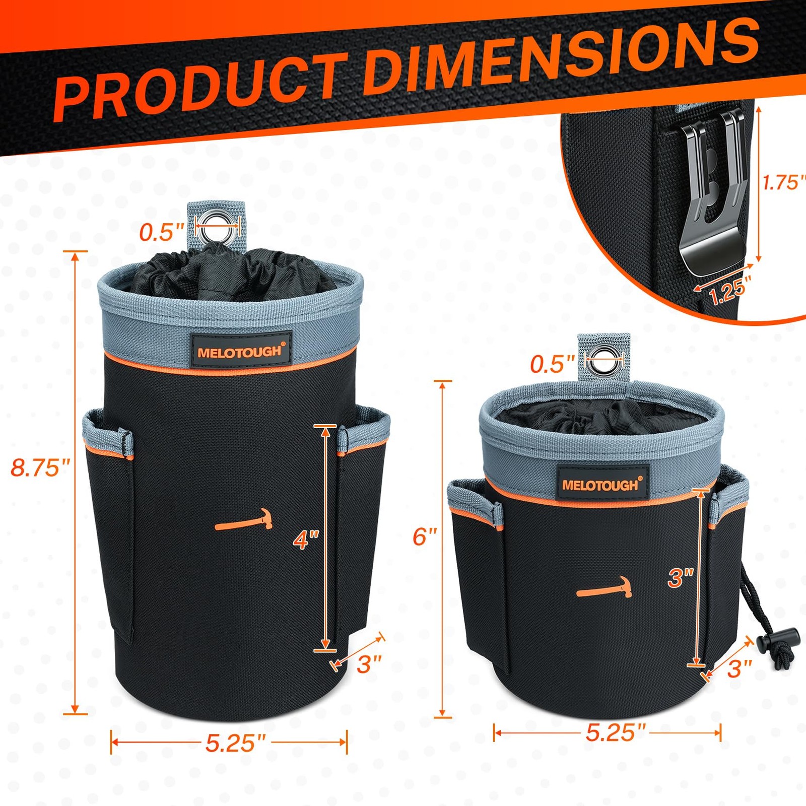 MELOTOUGH Tool Pouch Combo Set | 1 Mini (6”) + 1 Deep Mixed 2 Pack, Black