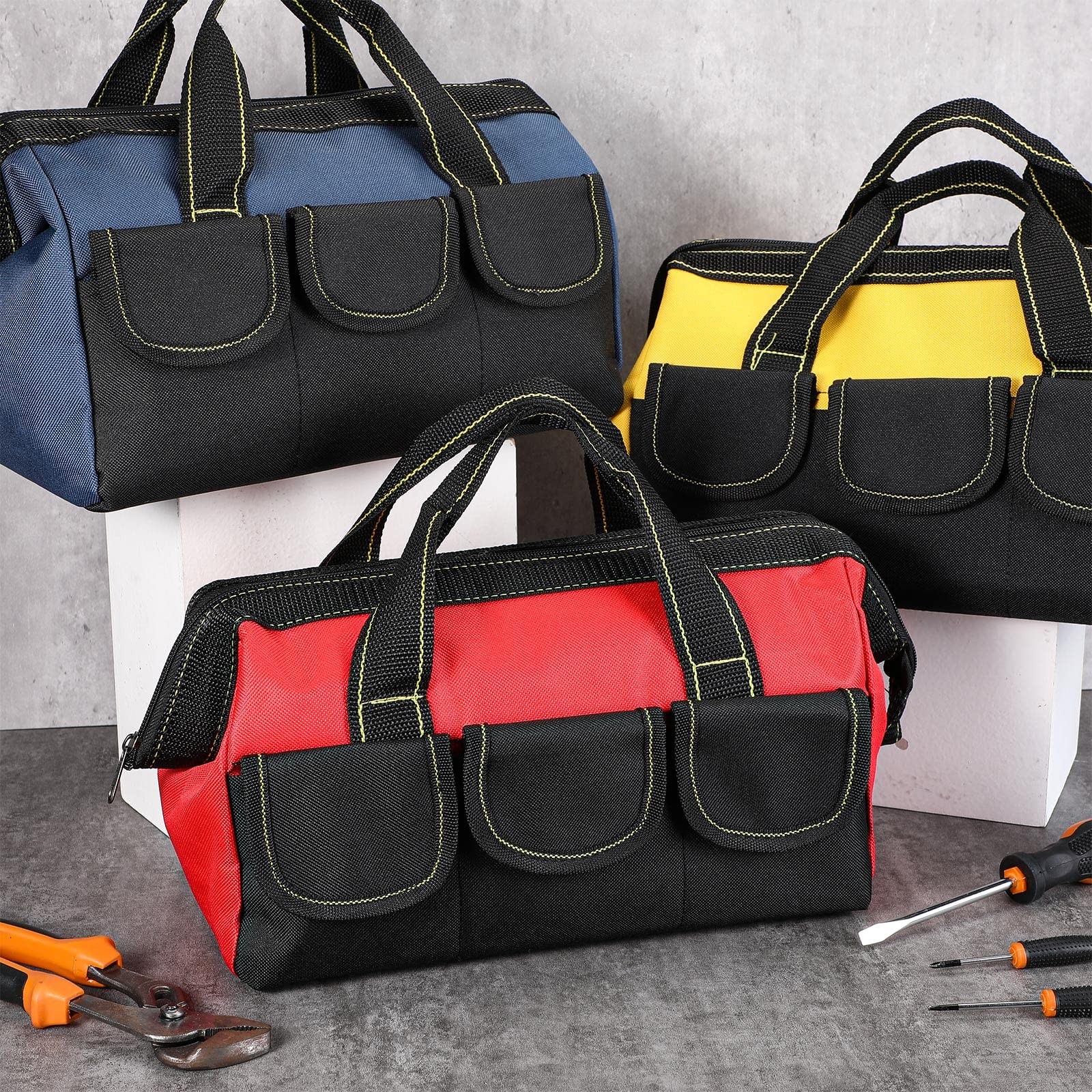 3 Pack 13 Inch Classic Red Tool Bag Heavy Duty Wide Mouth Waterproof Hard Bottom