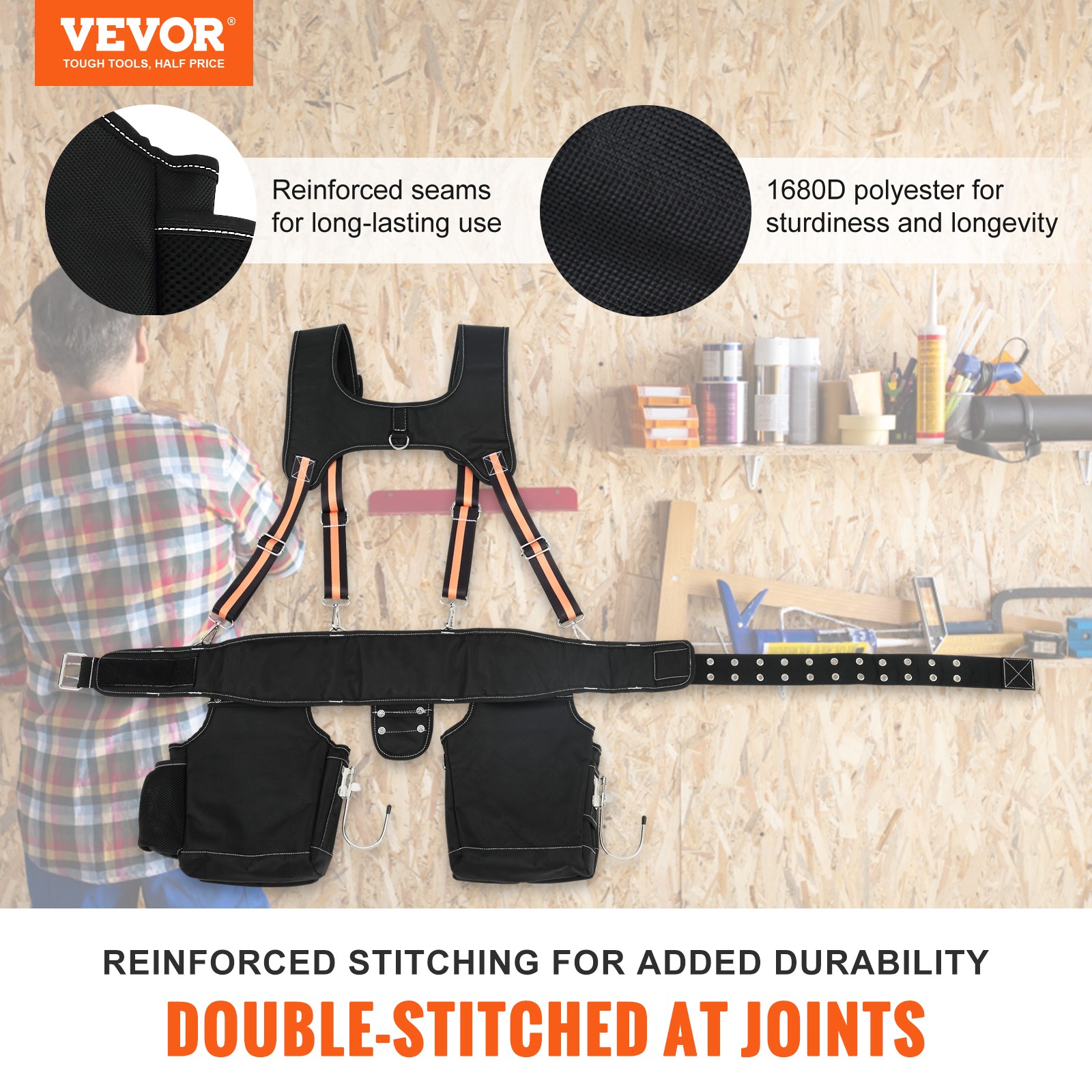 VEVOR Tool Belt with Suspenders Adjustable Carpenter Tool Pouch 1680D Polyester