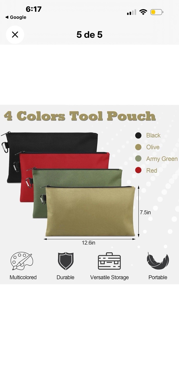 4-Pack Tool Pouch Zipper Bags w/ Carabiner Clips Waterproof Lining 12.6×7.5″