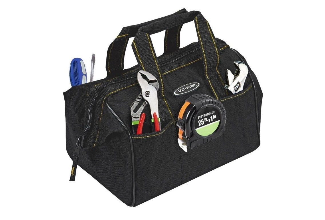 VOYAGER 12 in. Tool Bag with 21 Pockets Heavy-Duty Wide Mouth Tool Organizer