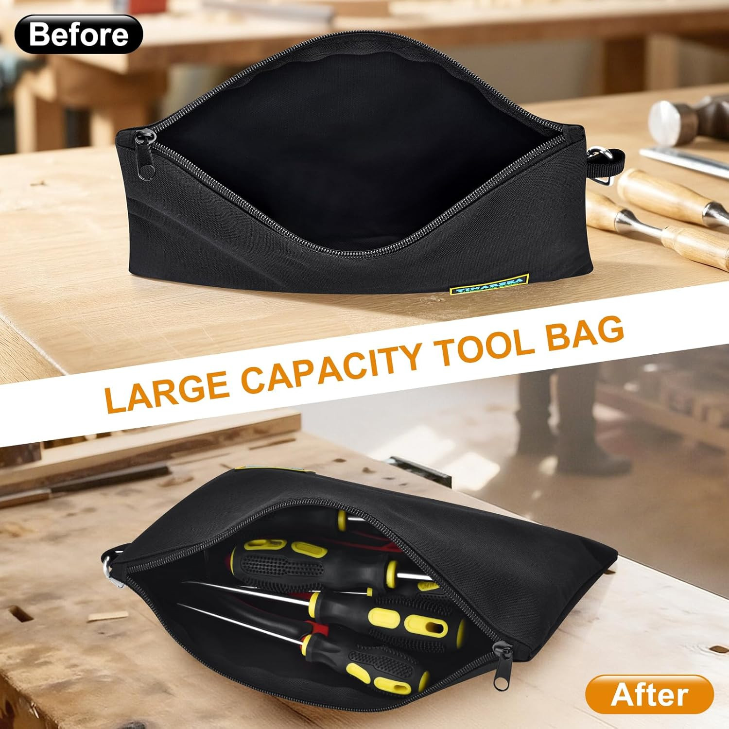 small Tool Pouch Bag with Zipper – 11.8 X 0.2 X 7.9 Inches, Black