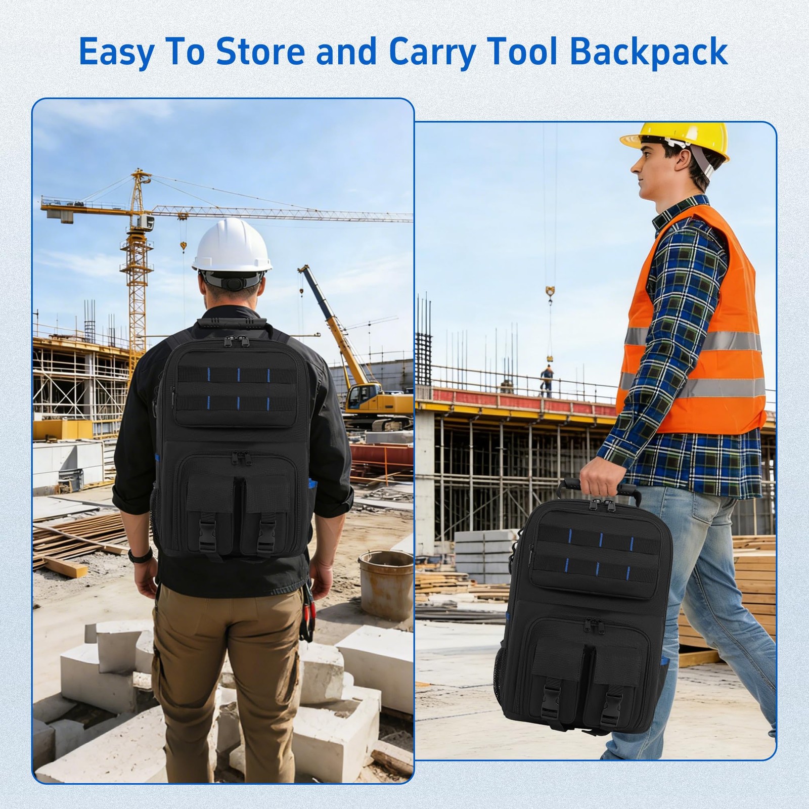 LASUK Backpack Tool Bag with Movable Base Plate, 11x9x16 inches, Black&Blue