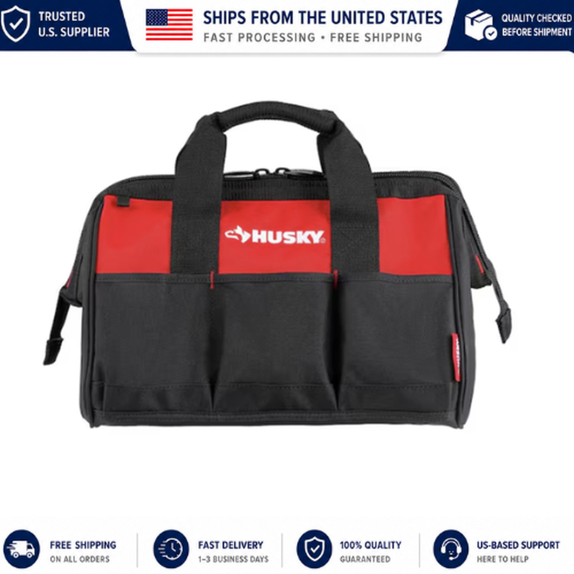 Husky 15 in 8 Pocket Zippered Tool Bag Red Black Wide Mouth
