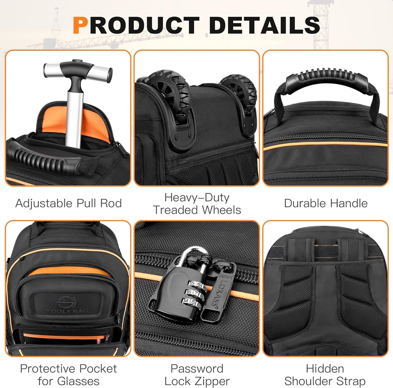 Backpack Tool Bag with Wheel 75 Pockets & Loops Tool Backpack with Molded Base